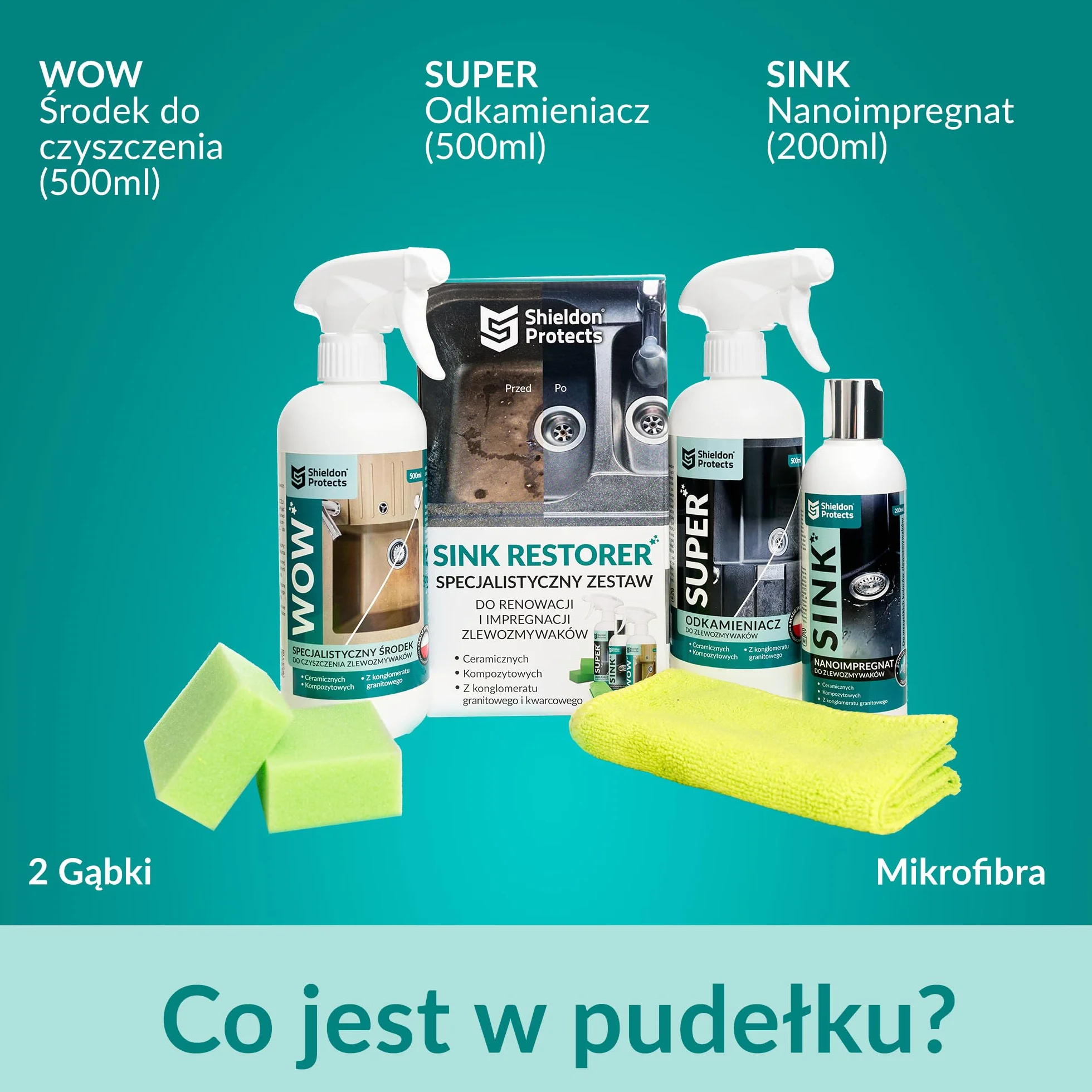 Shieldon Protects Sink Restorer - Zestaw do czyszczenia i renowacji zlewu granitowego, 3-etapowy system - silny środek do czyszczenia, odkamieniacz, impregnat + ściereczka z mikrofibry i 2 gąbki