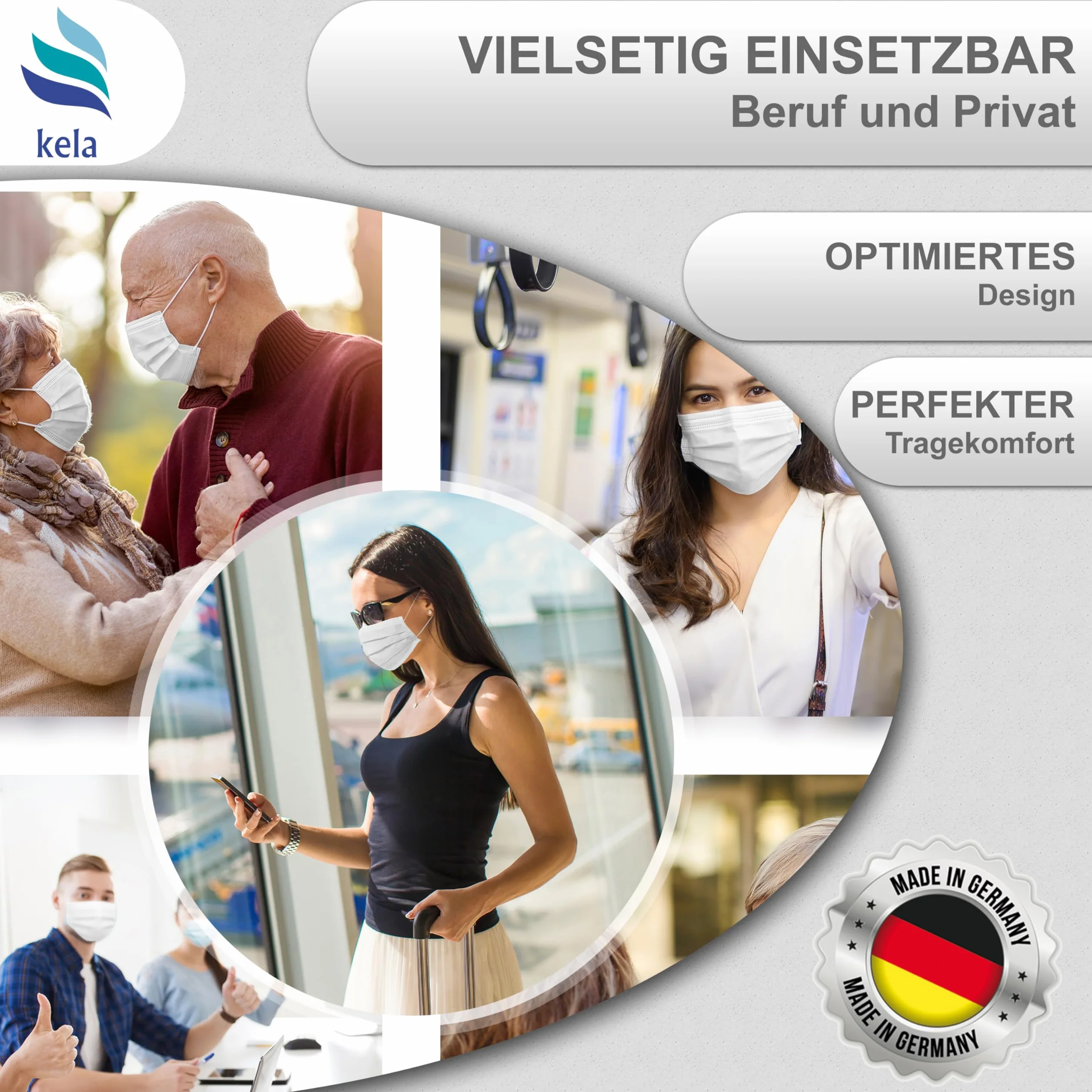 kela®, Maska medyczna, biała, Made in Germany, maska medyczna do ochrony ust i nosa, jednorazowa maska chirurgiczna, certyfikat CE, DIN EN 14683 typ IIR, BFE > 99,88%, 3-warstwowa