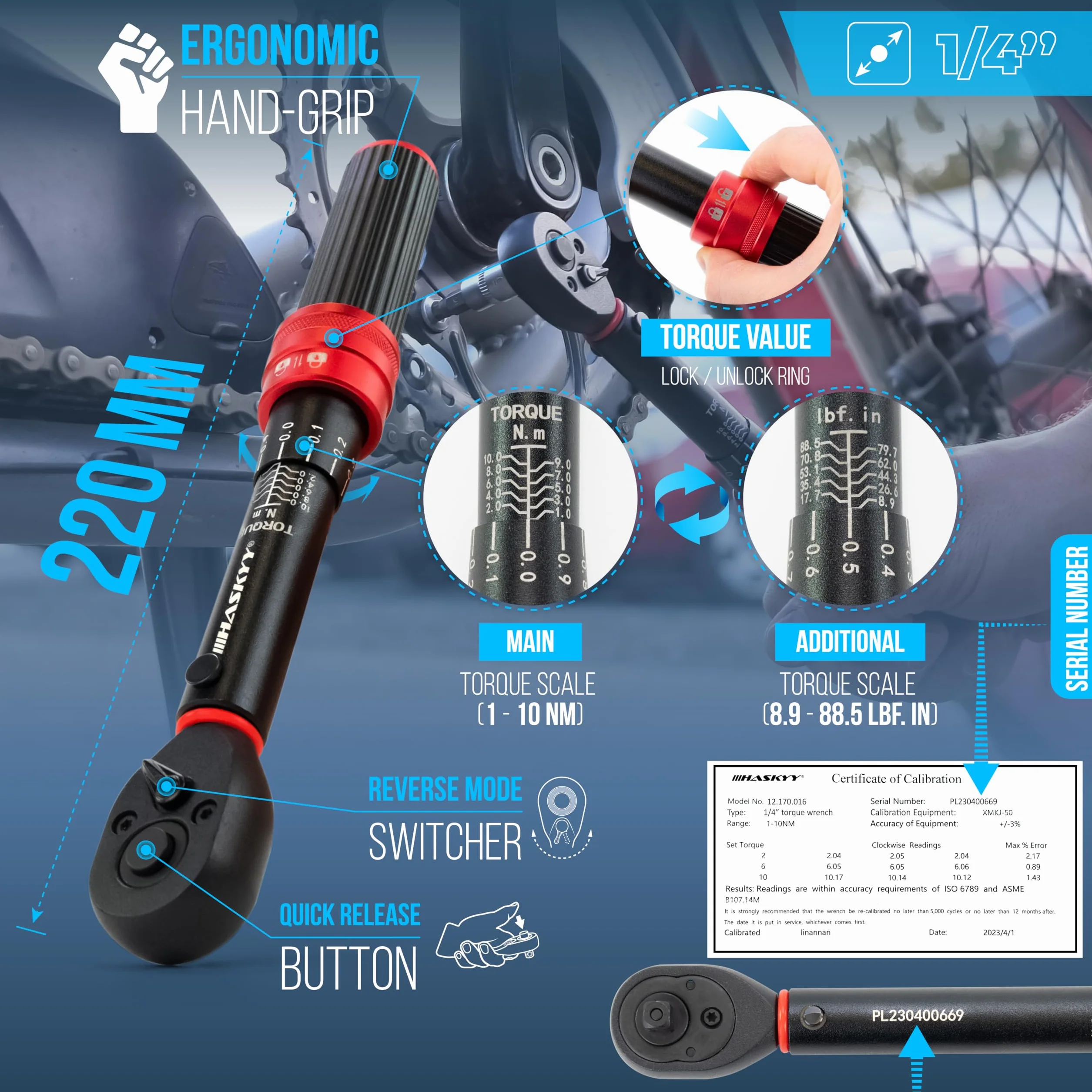 HASKYY Klucz dynamometryczny 1/4" 1-10 Nm rower silnik przemysłowy mikro moment obrotowy grzechotka klucz zapadkowy, czarny/czerwony