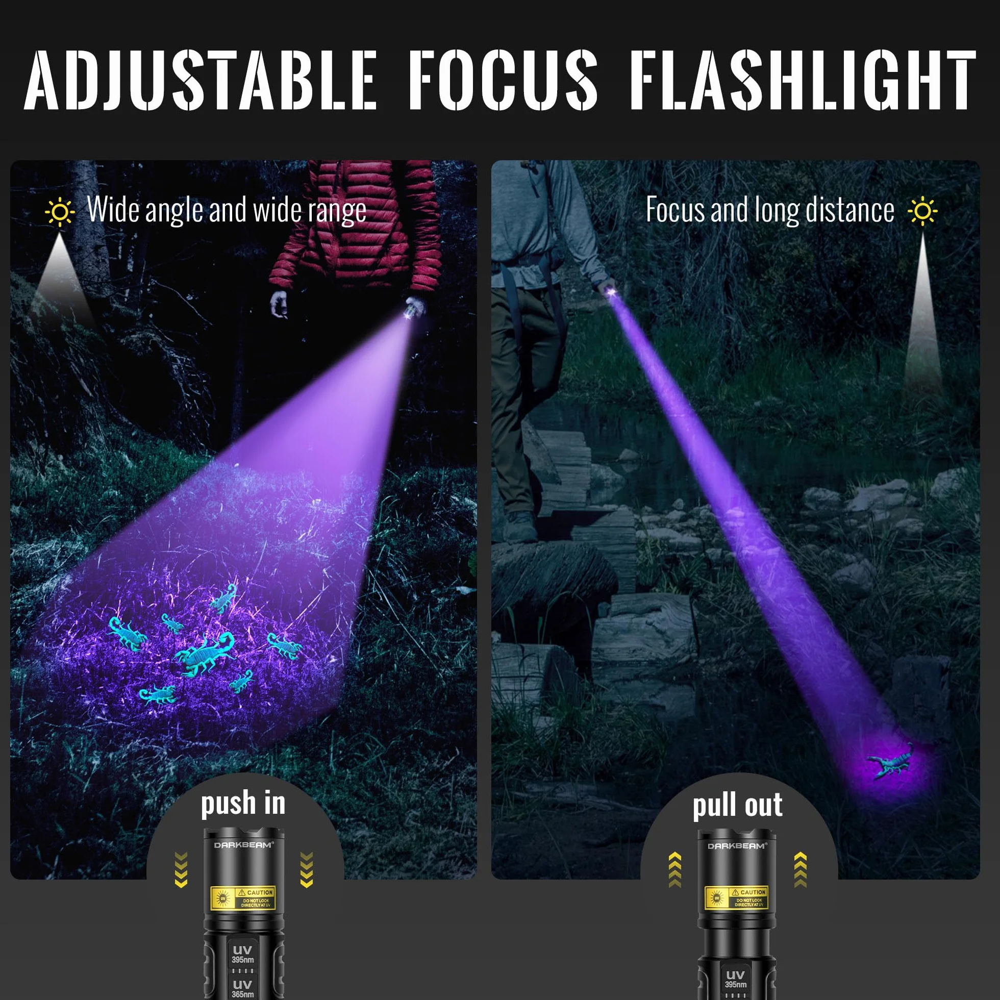DARKBEAM Latarka UV Blacklight 365nm & 395nm Podwójne Czarne światło, Latarki LED USB ładowane Potężna Ultrafioletowe Woodsche Lampa moczu zwierząt domowych do szkła uranowego, utwardzania żywicy