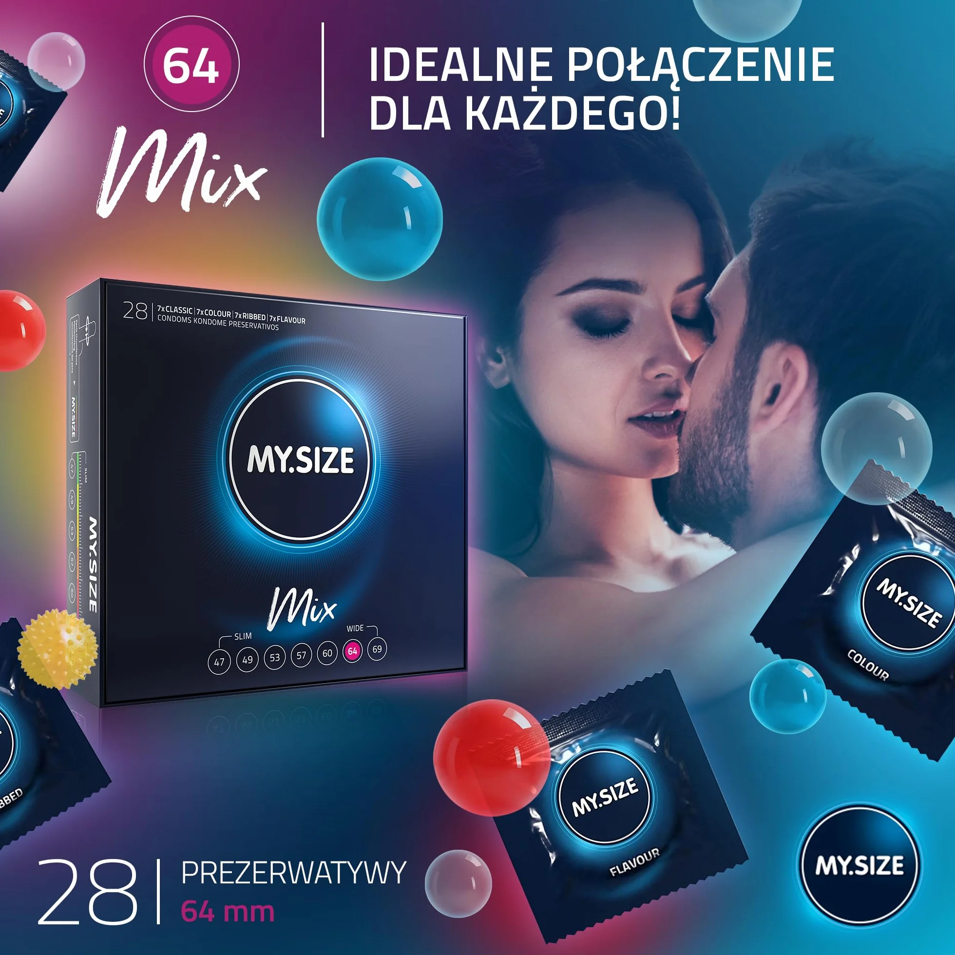 MY.SIZE Mix prezerwatywy 28 sztuk 64 mm rozmiar 6 smakowe kolorowe prążkowane klasyczne