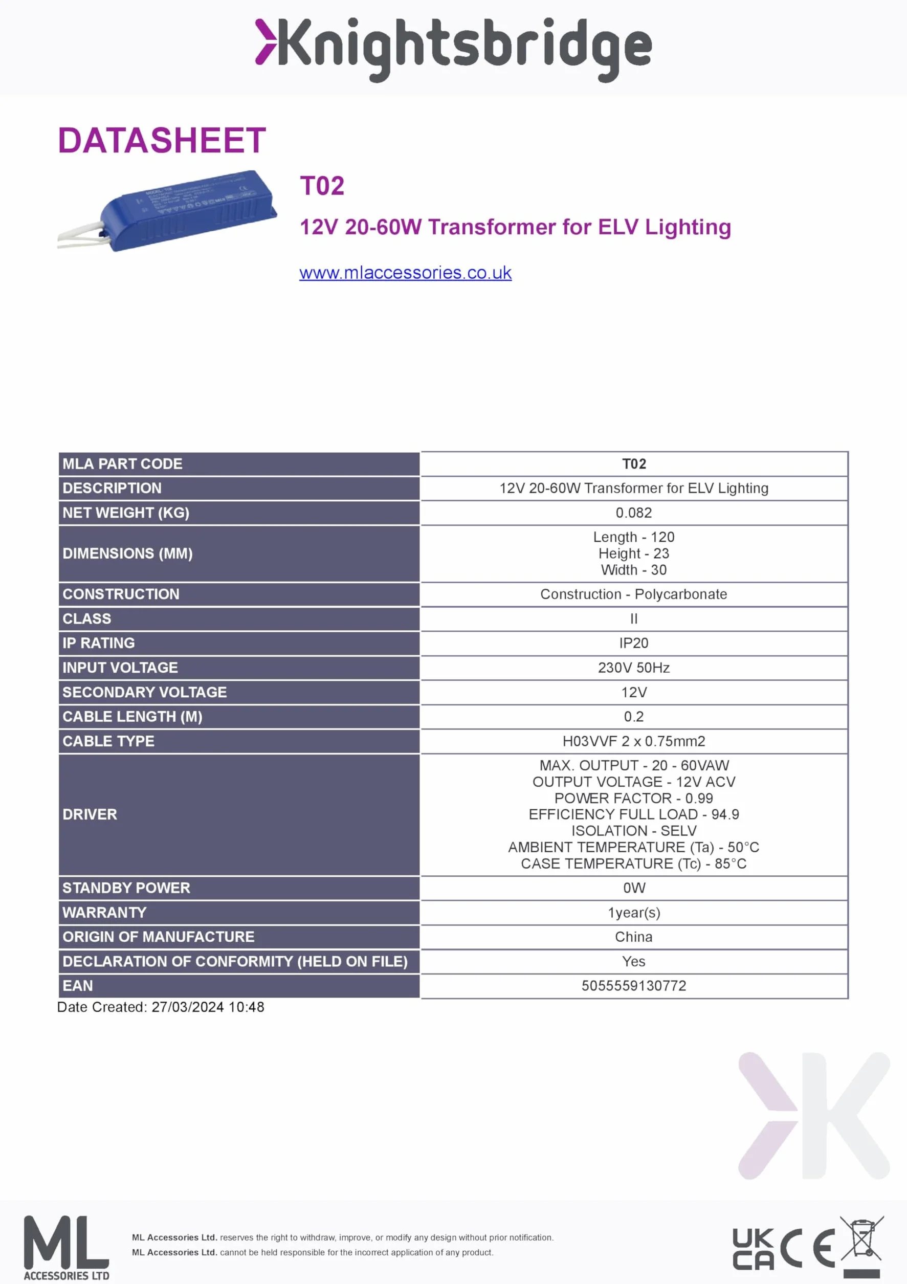 Knightsbridge Transformator 12 V 20-60 W, 60 W, ściemniany halogenowy
