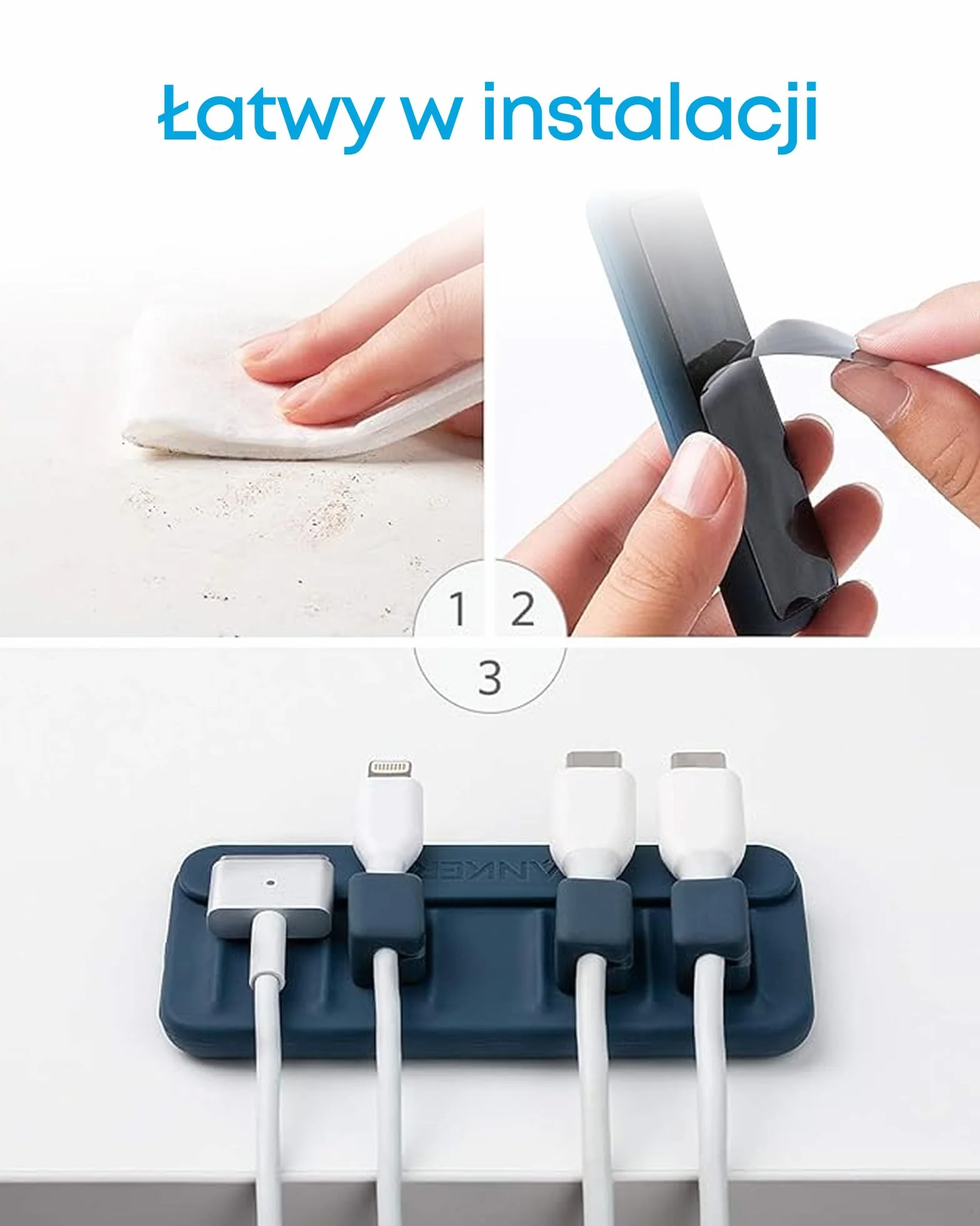 Wielofunkcyjny organizer do kabli Anker – 5 klipsów do kabli Lightning, USB C, Micro i innych kabli – przyczepia się do drewna, marmuru, metalu, szkła (niebieski, zestaw 2 szt.)