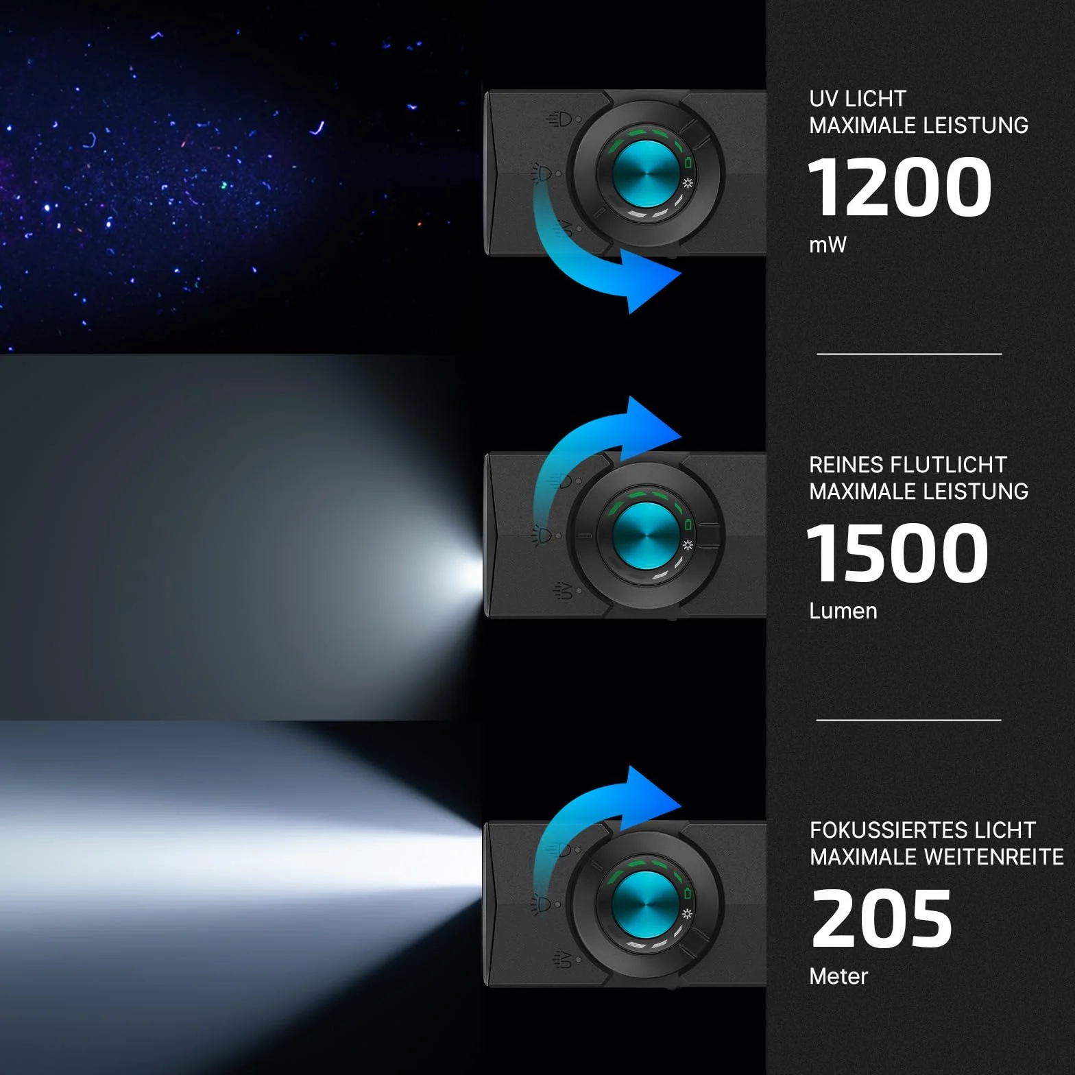 OLIGHT ArkPro Latarka z promieniowaniem UV i światłem zielonym, 1500 lumenów, zasięg wiązki 205 m, latarka z skupionym i czystym światłem rozproszonym do użytku na zewnątrz, wodoodporna IPX7, czarna