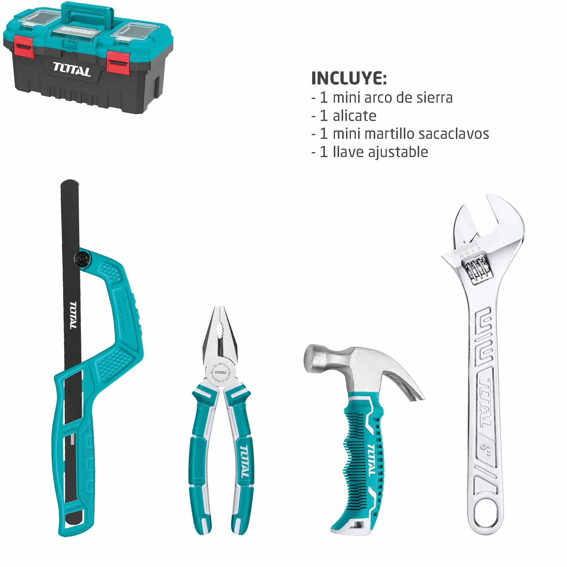 Total Tools - Pudełko z 32 narzędziami 17" (43 cm) | Szczypc, Klucz, Śrubokręt i młotek z grzechotką | Flexometr, końcówki i łuk piły | Tester napięcia