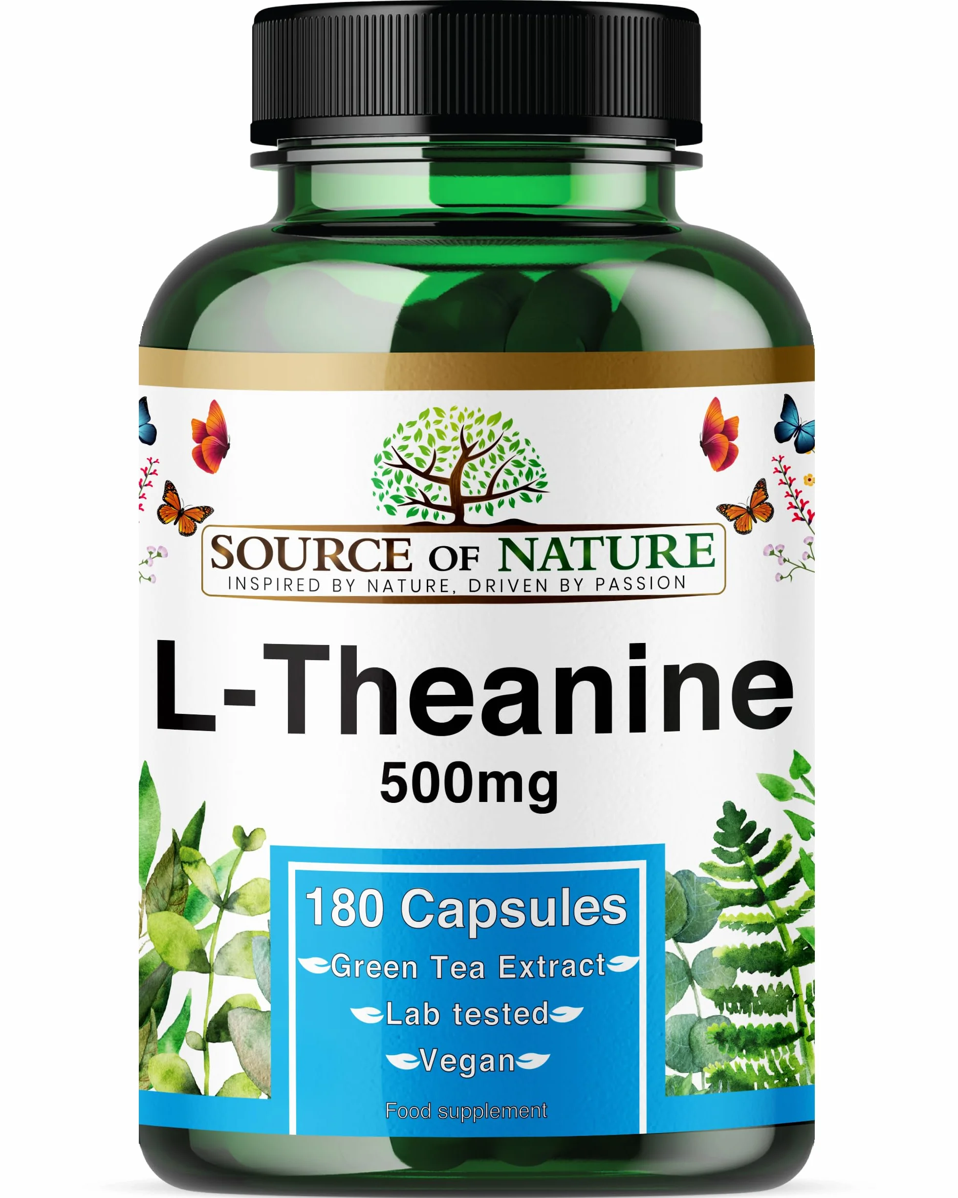 L-Teanina 500 mg – 180 Wegańskich Kapsułek – Wysoka Dawka Aminokwasu z Zielonej Herbaty | 6-Miesięczny Zapas | 98% Czystości, Bez Dodatków | Wyprodukowano w Danii