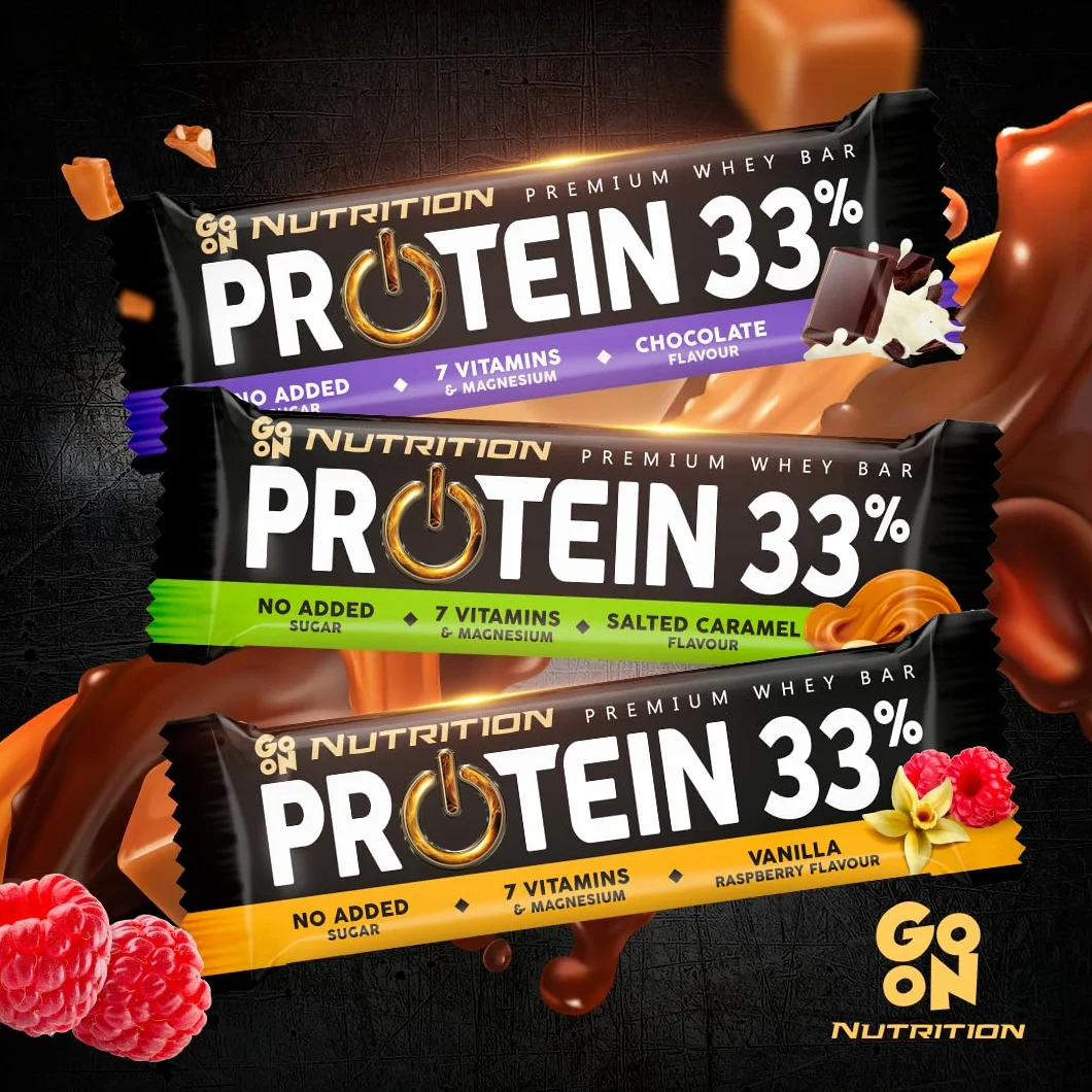 GoOn NUTRITION - Baton proteinowy czekoladowy 25x50 g, bez cukru 33%, batony proteinowe, przekąski sportowe, wysoka zawartość błonnika i magnezu