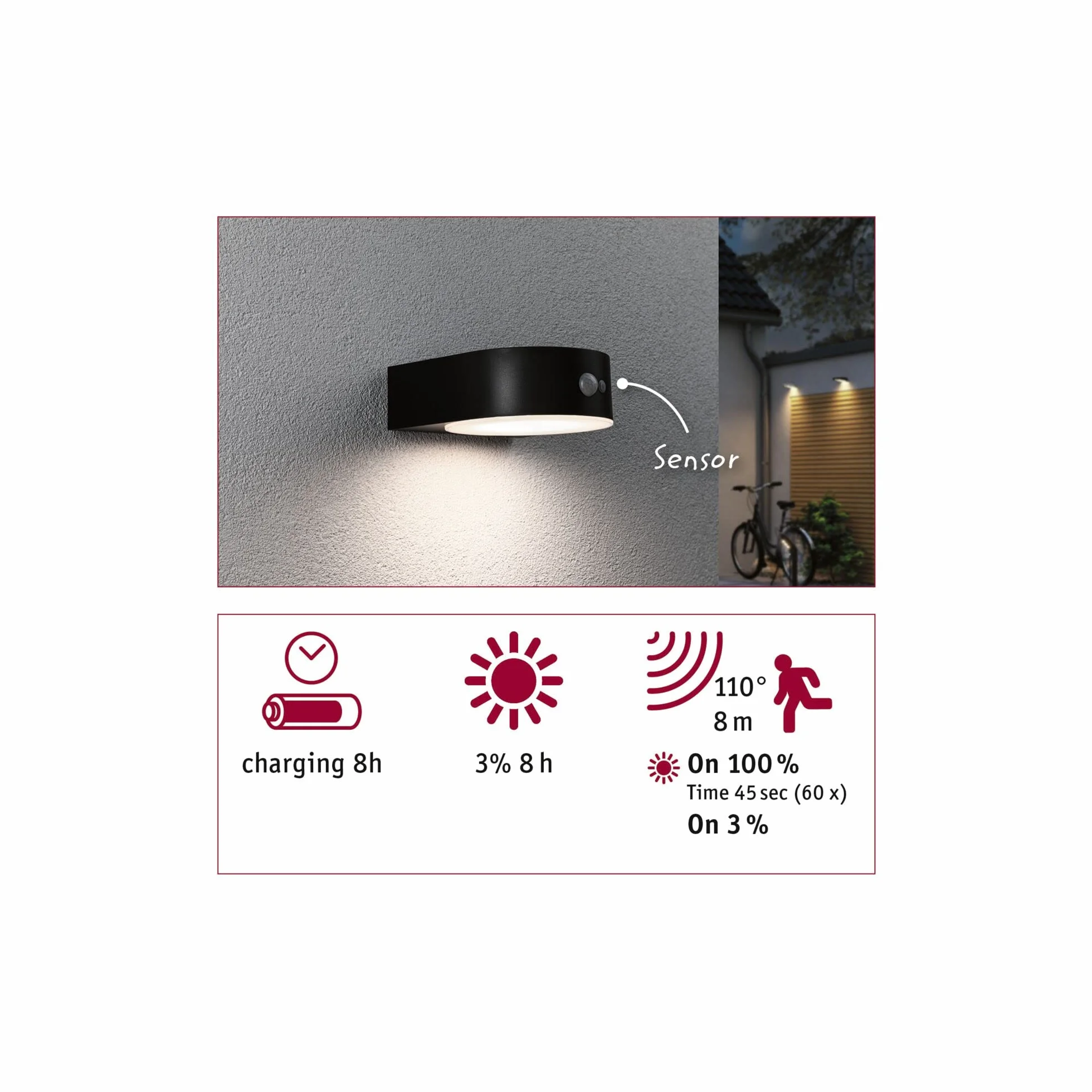 Paulmann Eileen 94570 LED lampa ścienna zewnętrzna z czujnikiem ruchu IP44 3000 K 3000 lm wraz z 1 x 5,5 W ciepła biel czarna bezprzewodowa tworzywo sztuczne do ponownego ładowania
