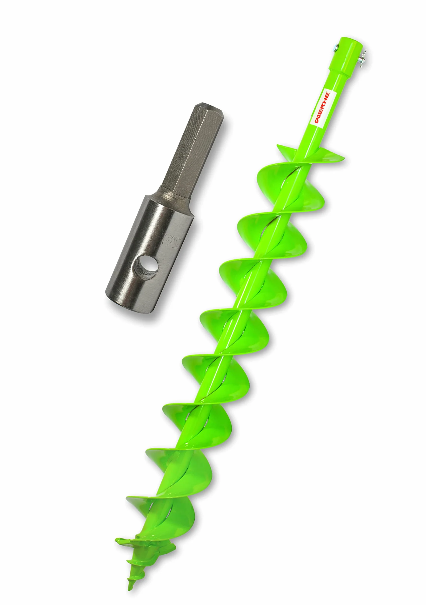 WERHE świder ziemny Ø 100 mm, podwójna spirala, grot z węglika, adapter Hex | do otworów do sadzenia, słupki ogrodzeniowe, prace ogrodowe, wytrzymała spirala stalowa, zielone malowanie proszkowe