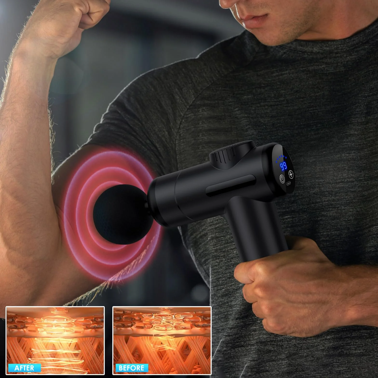 Pistolet do Masżu Mięśni z 99 Regulowanymi Prędkościami, 8 Głowicami, Ekranem LCD i Ładowaniem USB, Lekki i Przenośny, do Ćwiczeń i Łagodzenia Bólu Mięśni