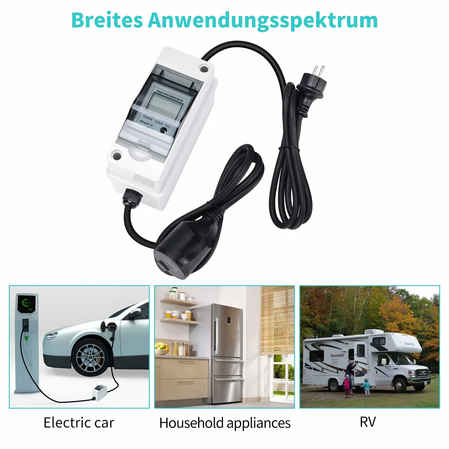 Mobilny cyfrowy licznik prądu, briidea 230 V, mobilny miernik KWH z wodoszczelnością IP65, skalibrowany (z resetem), gumowy kabel do węża, przenośny, do samochodów kempingowych, pojazdów