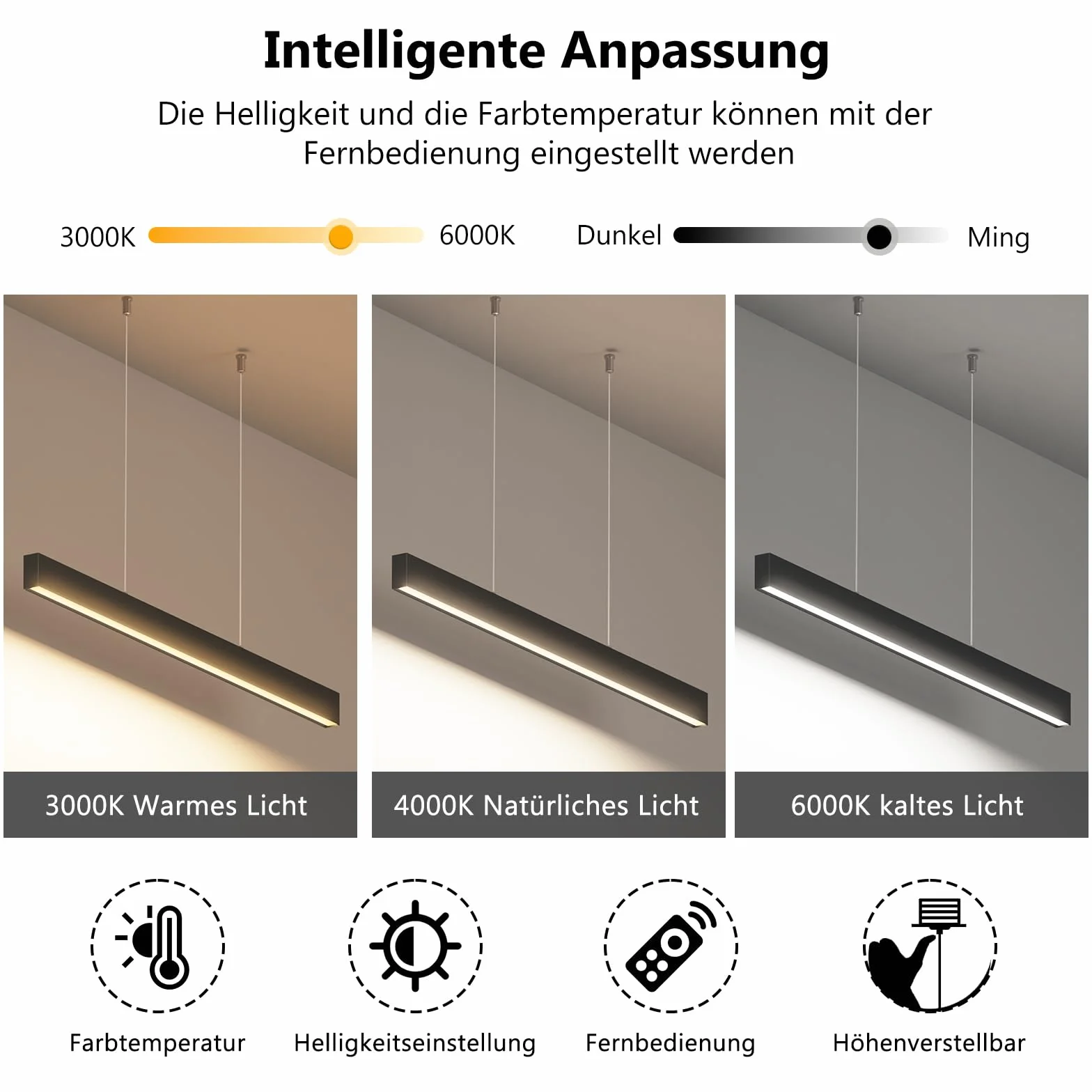 OOWOLF Lampa wisząca LED 40 W, ogniskowana 4000 K, miękkie białe światło, 120 cm, do biura, salonu, jadalni, garażu