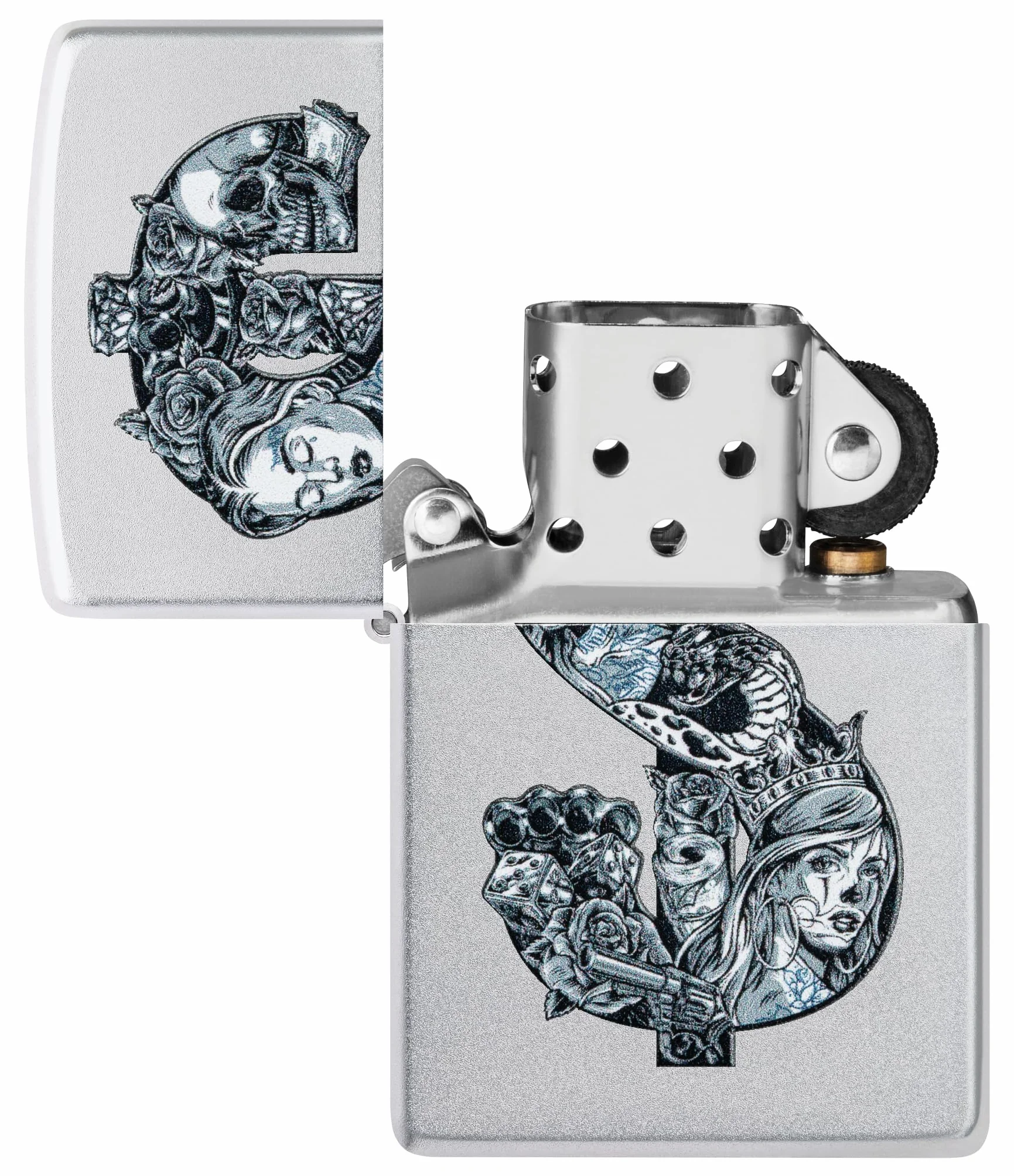 Zippo Tattoo Dollar Zapalniczka Sztormowa, Kolorowy Nadruk, do Napełniania, Wielokrotnego Użytku, Wiatroodporna Konstrukcja, Pudełko na Prezent, Wykonano w USA, Kolor Satynowy Chrom