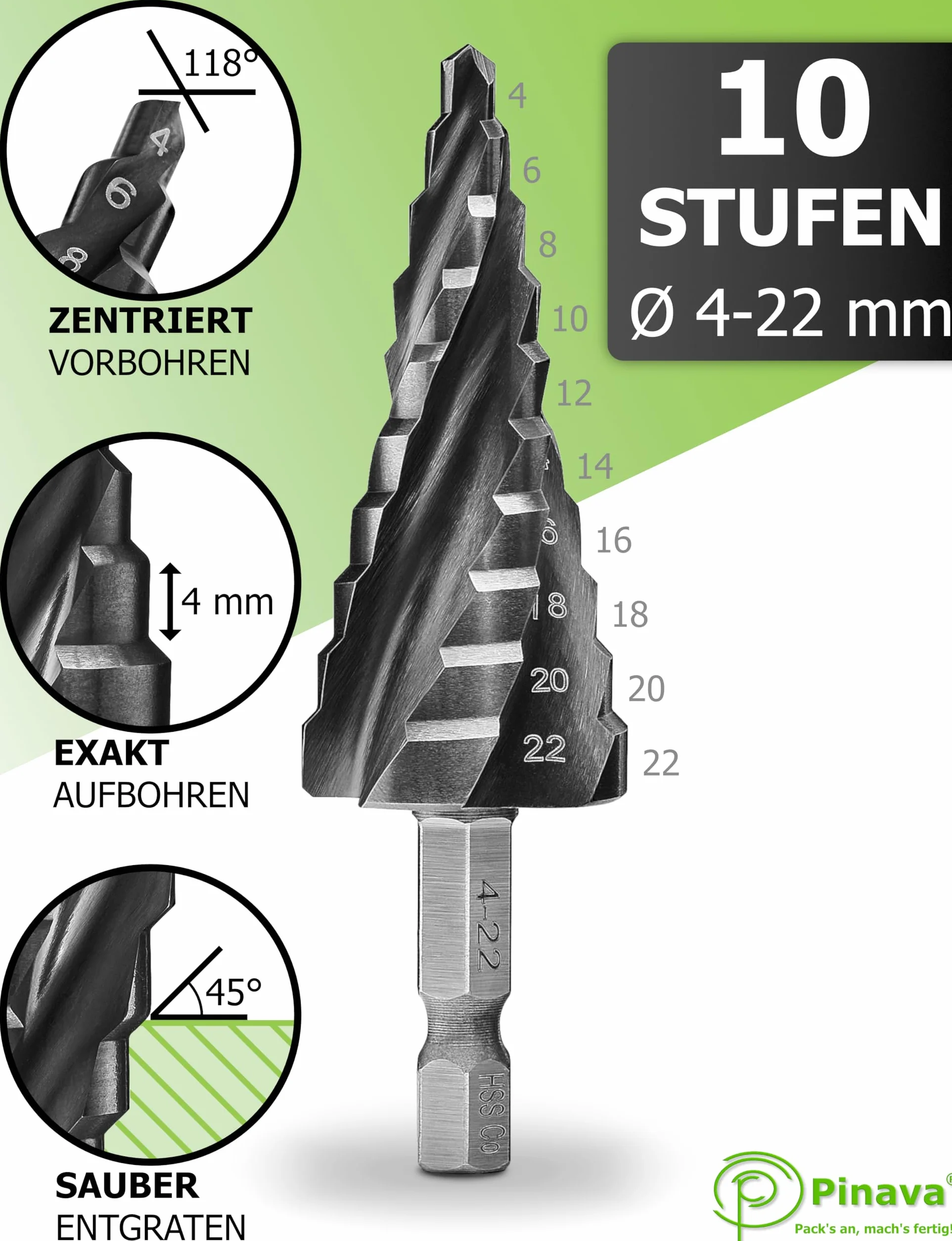 Pinava Wiertło stopniowe HSS Cobalt Pro 4XSPIRAL Ø 4-22 mm profesjonalne do stali nierdzewnej metalu drewna tworzywa sztucznego