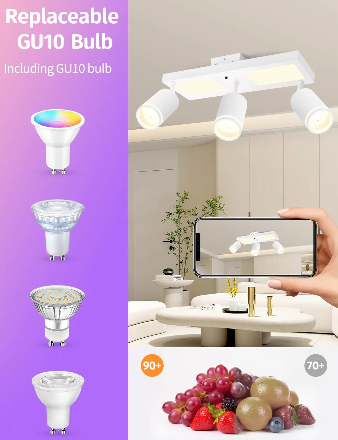 YindaLux Lampa sufitowa LED z 3 ściemnialnymi reflektorami z pilotem zdalnego sterowania, RGB 25 W 2850 lm, obrotowe reflektory sufitowe GU10, biała lampa sufitowa z dolnym blaskiem 10 W, 3 x 5 W