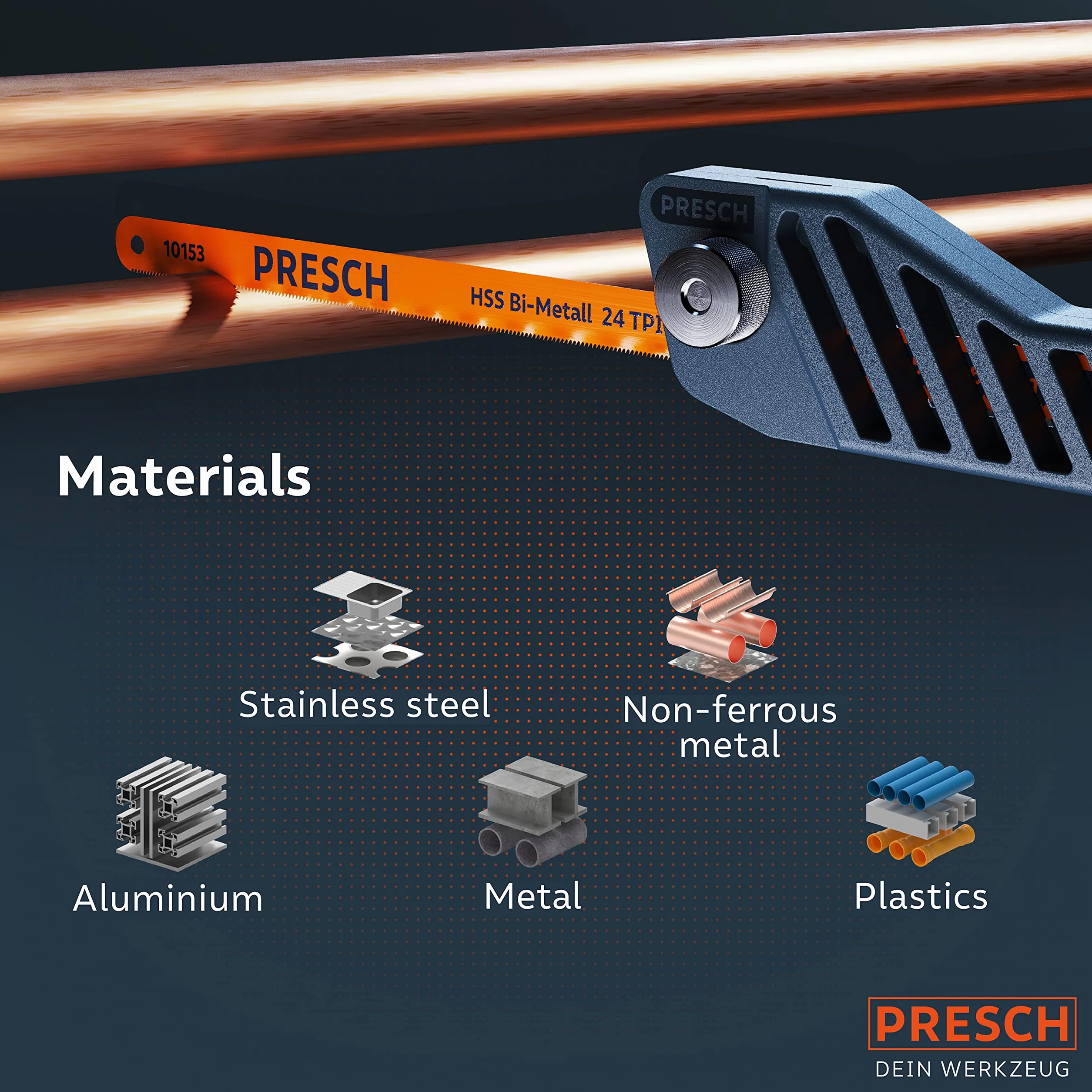 Presch Junior Piła do metalu 300mm – Piła 3w1 z brzeszczotem bimetalowym HSS 300mm – Regulowane narzędzie ręczne z brzeszczotem – Mała przecinarka do metalu, plastiku itp