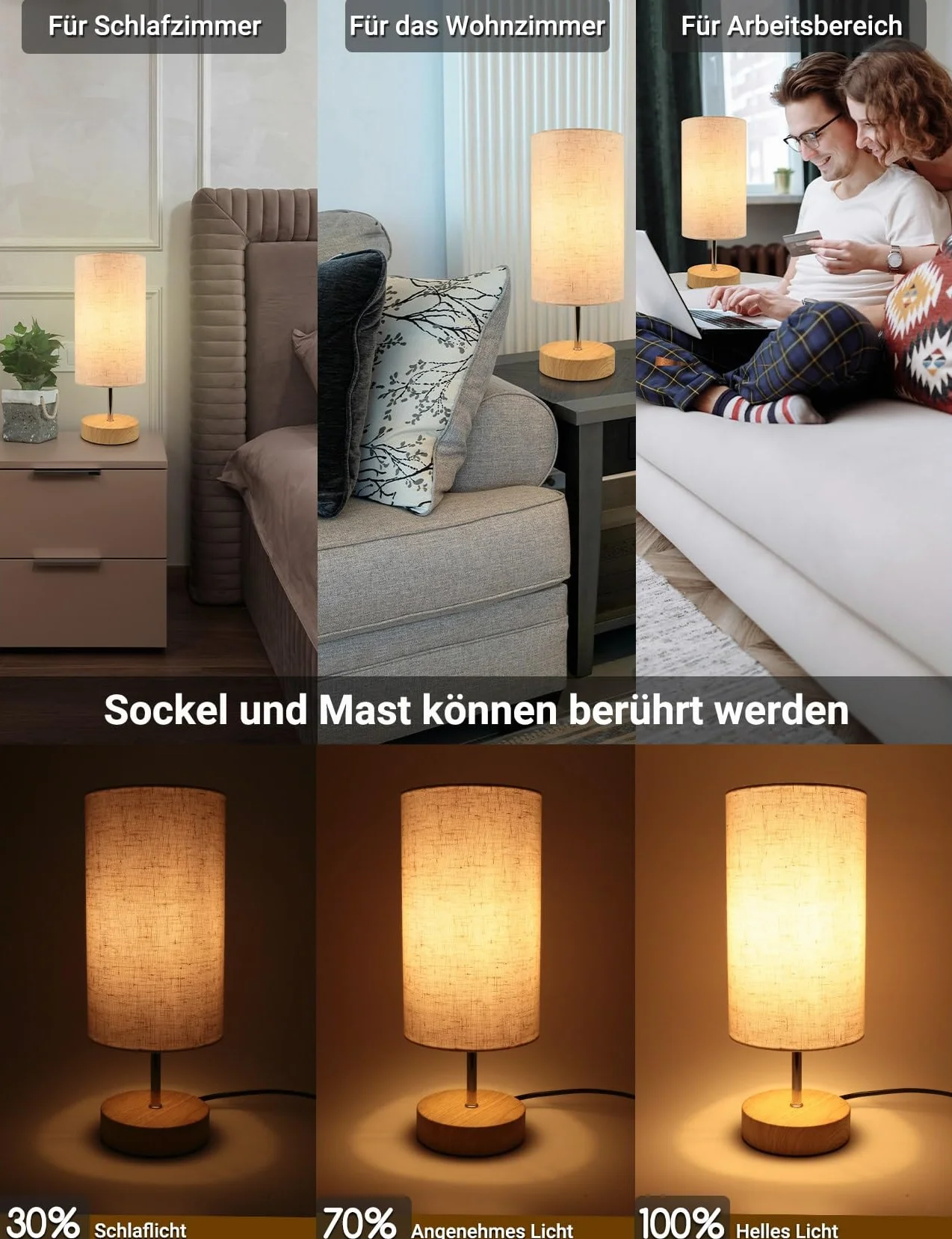 Dotykowa lampka nocna, 34 cm ściemnialna sterowanie dotykowe lampa stołowa LED nowoczesna lampa stołowa retro z żarówką do czytania salon pokój dziecięcy klosz z tkaniny do sypialni hotelu