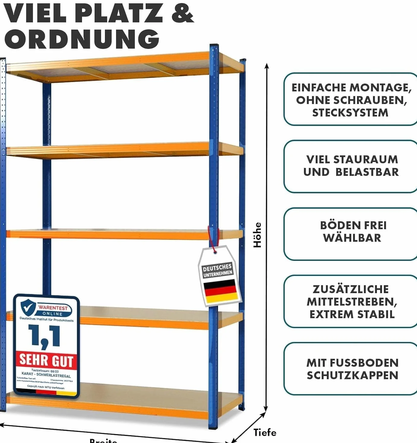 etm Regały do dużych obciążeń – garaż, piwnica, warsztat – regał wtykowy, magazynowy, piwnica – wysoka nośność i regulowane półki (niebiesko-pomarańczowy, 180 x 90 x 45 cm)