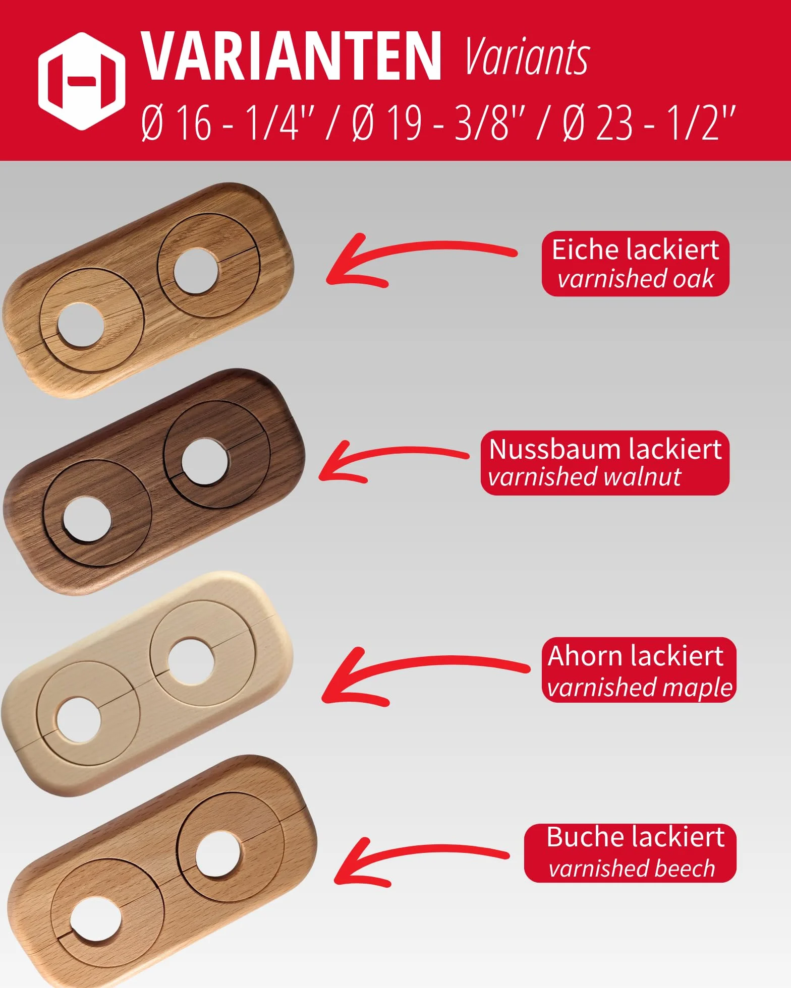 Gedotec Grzejnik podwójna rozeta dąb – otwór 19 mm – zmienny odstęp między rurami 41–66 mm – 122 x 58 mm – drewno lakierowane – pokrywa rury, rozeta grzewcza – Made in Austria (dąb 19 mm)