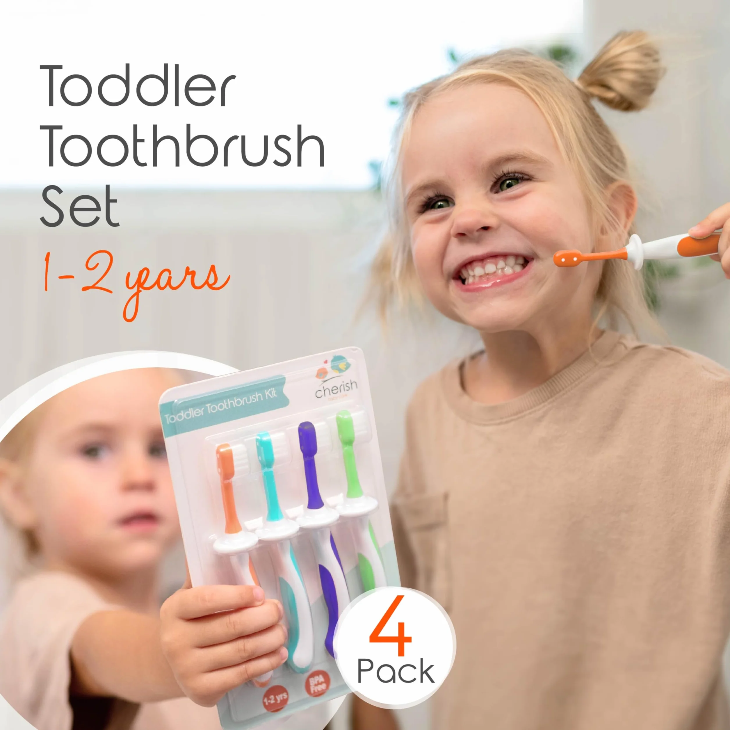 Cherish Baby Care Zestaw szczoteczek dla dzieci (4 sztuki) - szczoteczka dla dzieci w wieku 1 roku, nie zawiera BPA, zaprojektowana przez dentystę dziecięcą, silikonowa szczoteczka do zębów dla