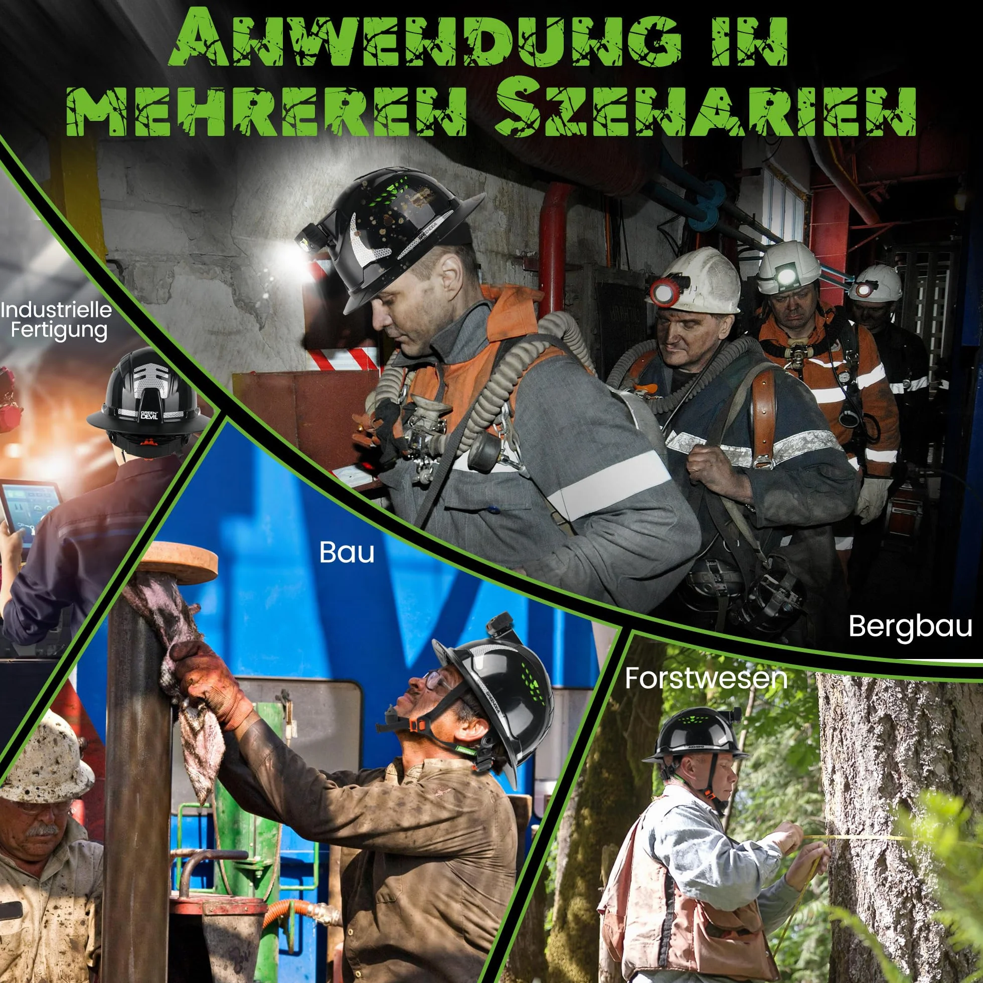 GREEN DEVIL Matrix Full Brim kask ochronny EN 397 – kask ochronny z wentylacją, latarka czołowa LED (IPX5), system 6-punktowy i regulowana wyściółka wewnętrzna – idealny do budownictwa, przemysłu,