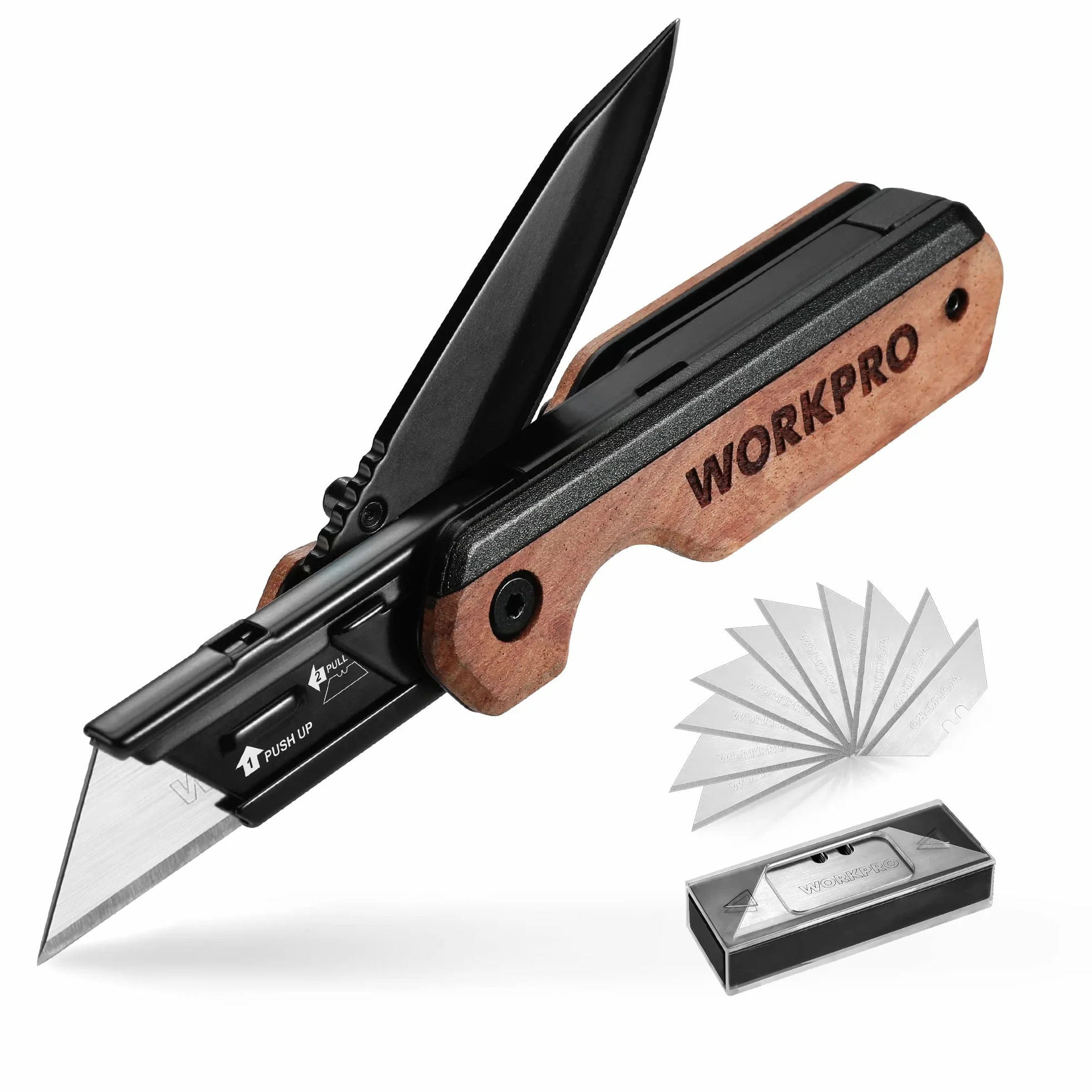 WORKPRO 2‑w‑1 Nóż Kieszonkowy, Składany Nóż Uniwersalny z Aluminium, Cutter z Drewnianym Uchwytem i Klipsem do Paska, Liner-Lock, Wraz z 10 Dodatkowymi Ostrzami