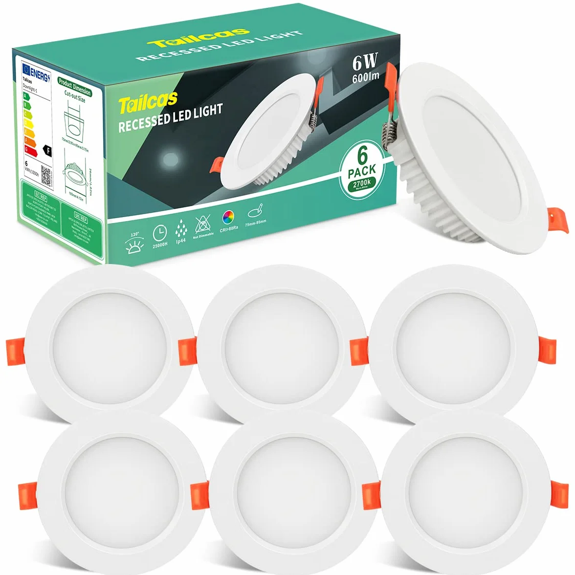 Reflektor do zabudowy LED 230 V ultra płaski 6 W IP44, zestaw 6 reflektorów LED do zabudowy ciepła biel 3000 K IP44, głębokość montażu 26 mm 600 lumenów, Ø 105 mm otwór do zabudowy 75-95 mm