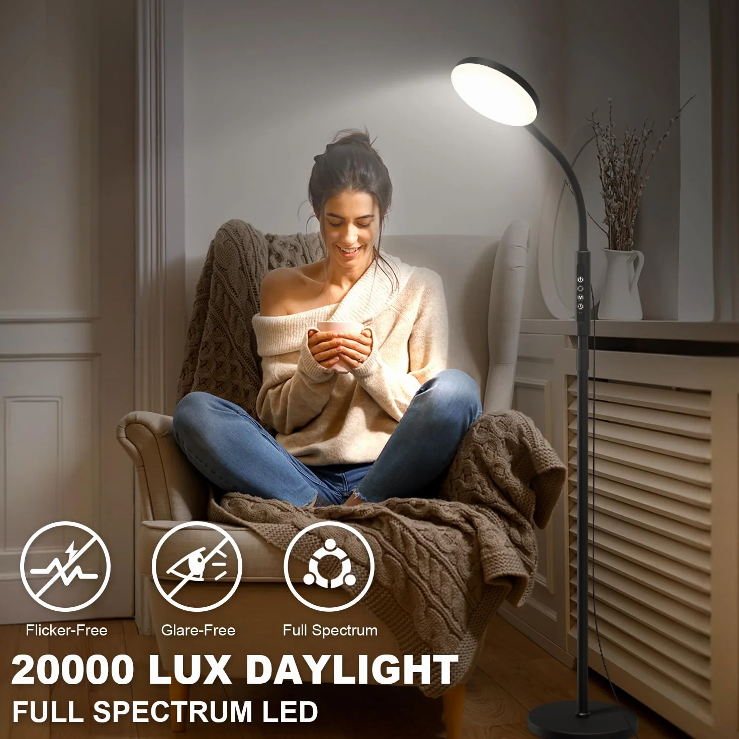 Lampa Podłogowa i Biurkowa 20 000 Lux - Regulowana Wysokość, 5 Kolorów Światła, 10 Poziomów Jasności, Timer, Stabilna Podstawa - Lampa Dzienna do Sypialni, Salonu, Biura