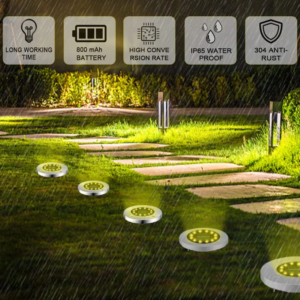 Bowfar Zewnętrzne światło słoneczne 8 sztuk 12 diod LED 800 mAh wodoodporna lampa solarna IP65 dekoracyjna lampa punktowa ciepła biel