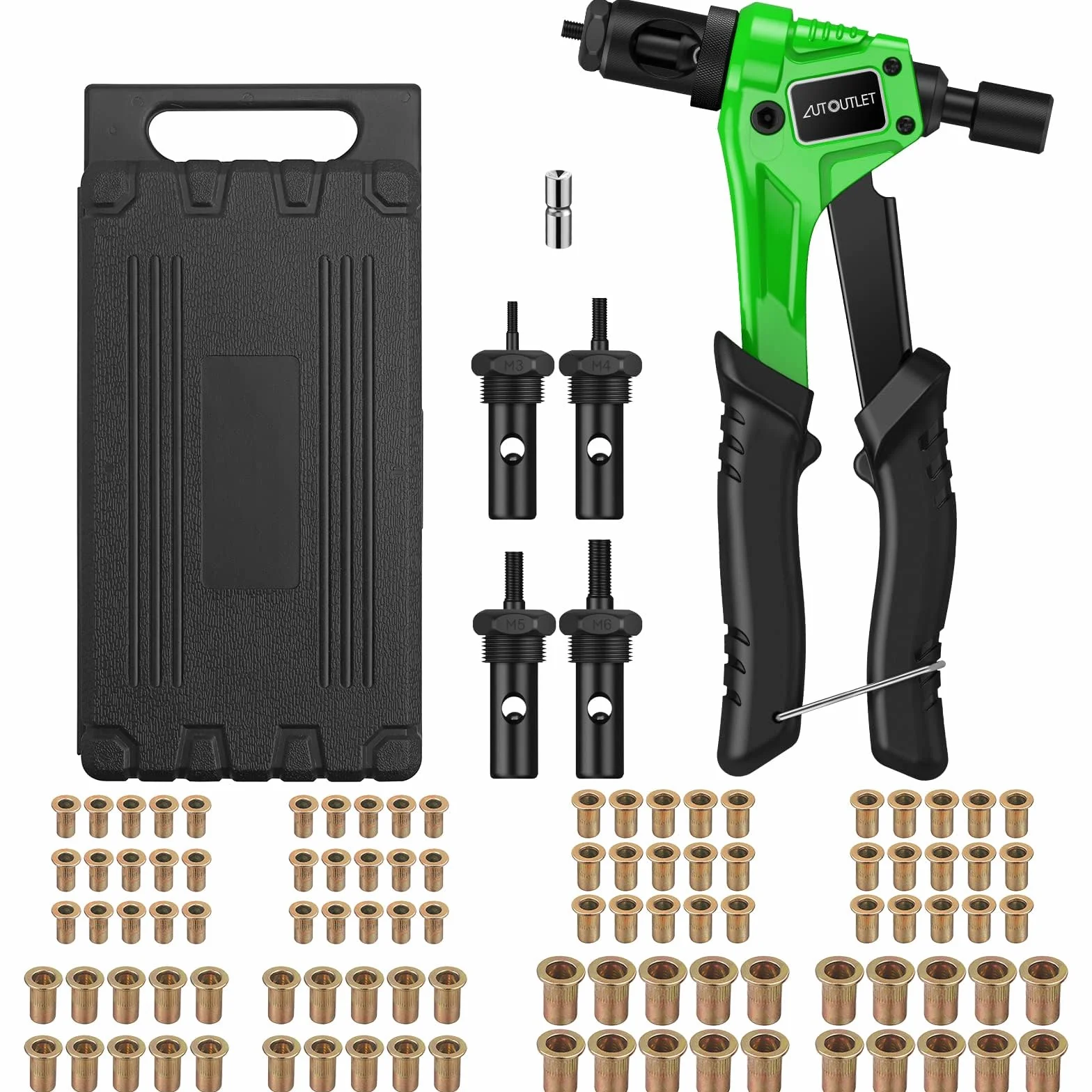 AUTOUTLET Pistolet do nitowania z wymiennymi dyszami, 20 cm, M3, M4, M5, M6, stal stopowa 60 HRC i ręczna nitownica TPR z systemem ustawiania nakrętek, zielono-czarny
