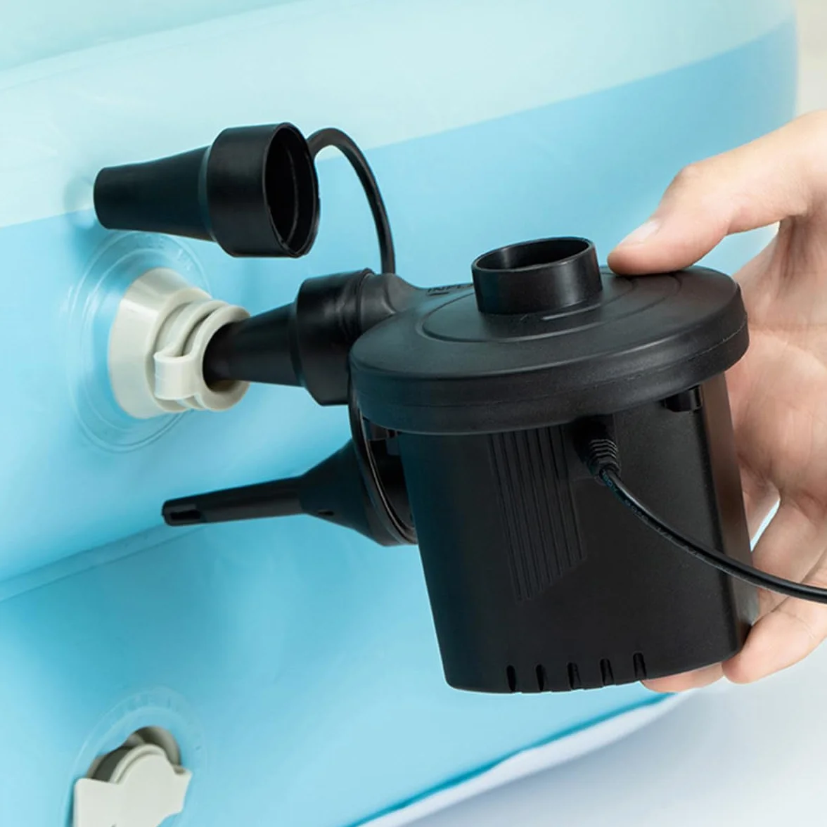 Alnicov Elektryczna pompka powietrza 240 V/12 V, podwójne zasilanie - 70 W, szybka pompka i spuszczanie powietrza z 3 dyszami