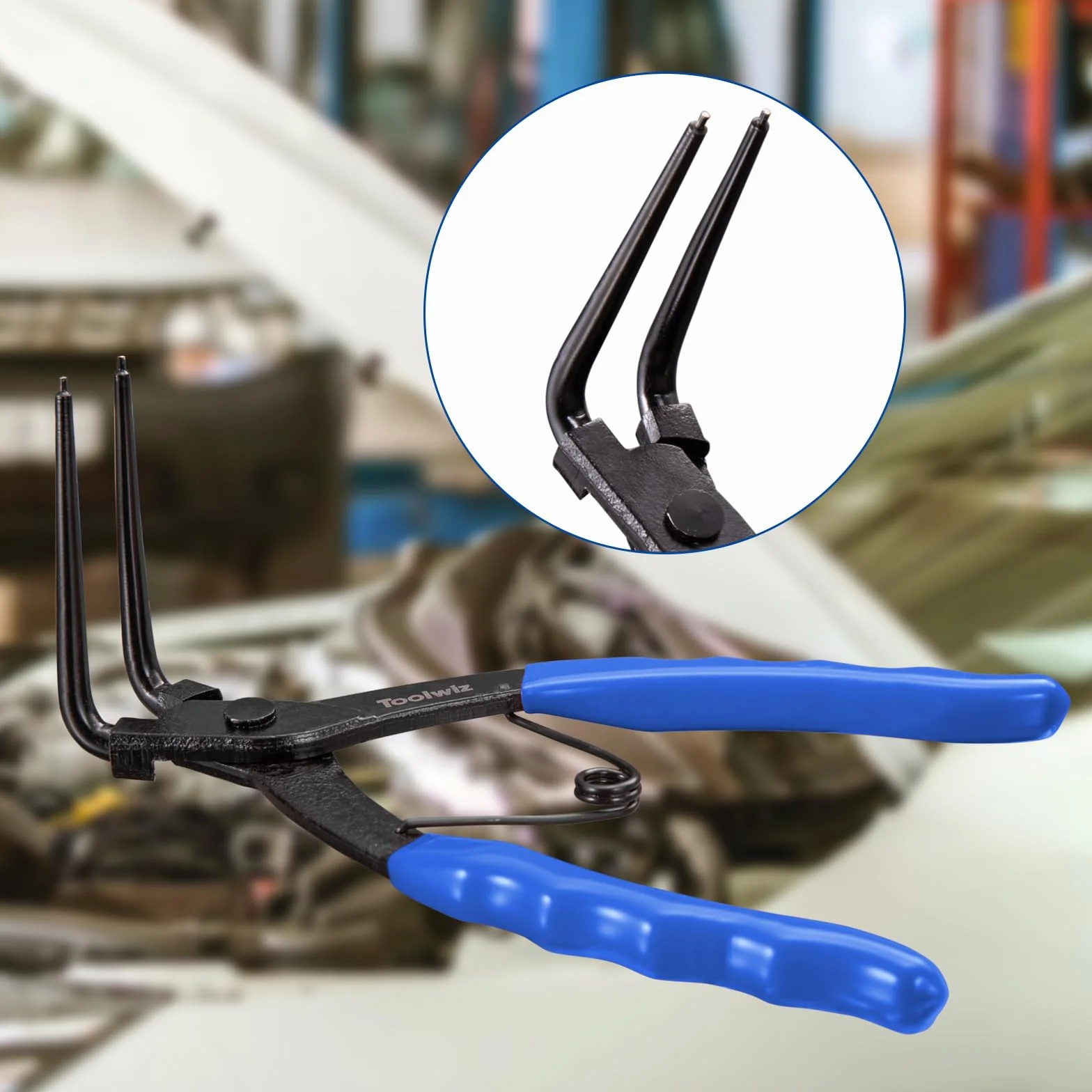 Toolwiz Szczypce z pierścieniem zatrzaskowym, wytrzymałe, wewnętrzne szczypce do pierścieni osadczych C-Clip – długi nos 90 stopni, wygięte do ciężarówek, motocykli, samochodów, niebieskie