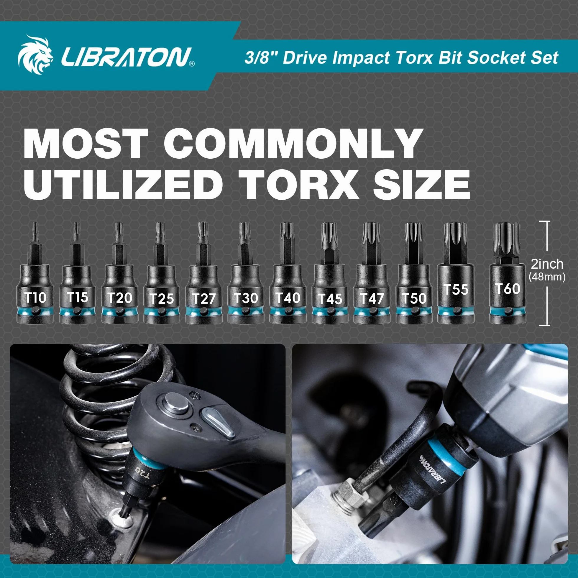 LIBRATON Zestaw nasadek bitowych i Torx 3/20,3 cm, bardzo długie gniazdo Torx, gniazda bitowe ze stali stopowej S2, T10-T60