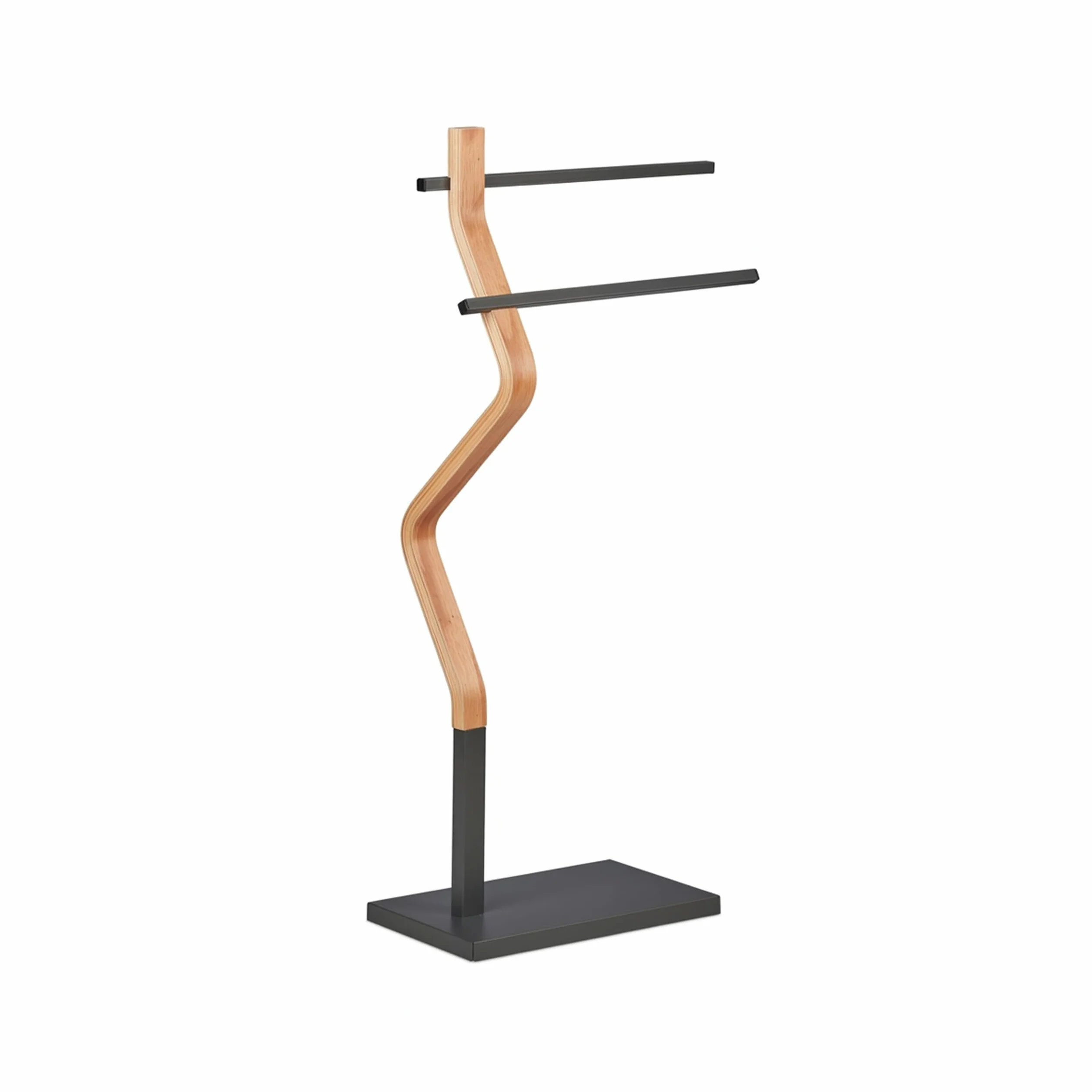 Relaxdays Wieszak na ręczniki wygięty design, 2 metalowe drążki, wys. x szer. x gł.: 85 x 43,5 x 20 cm, stojak łazienkowy, stal i MDF, naturalny/szary