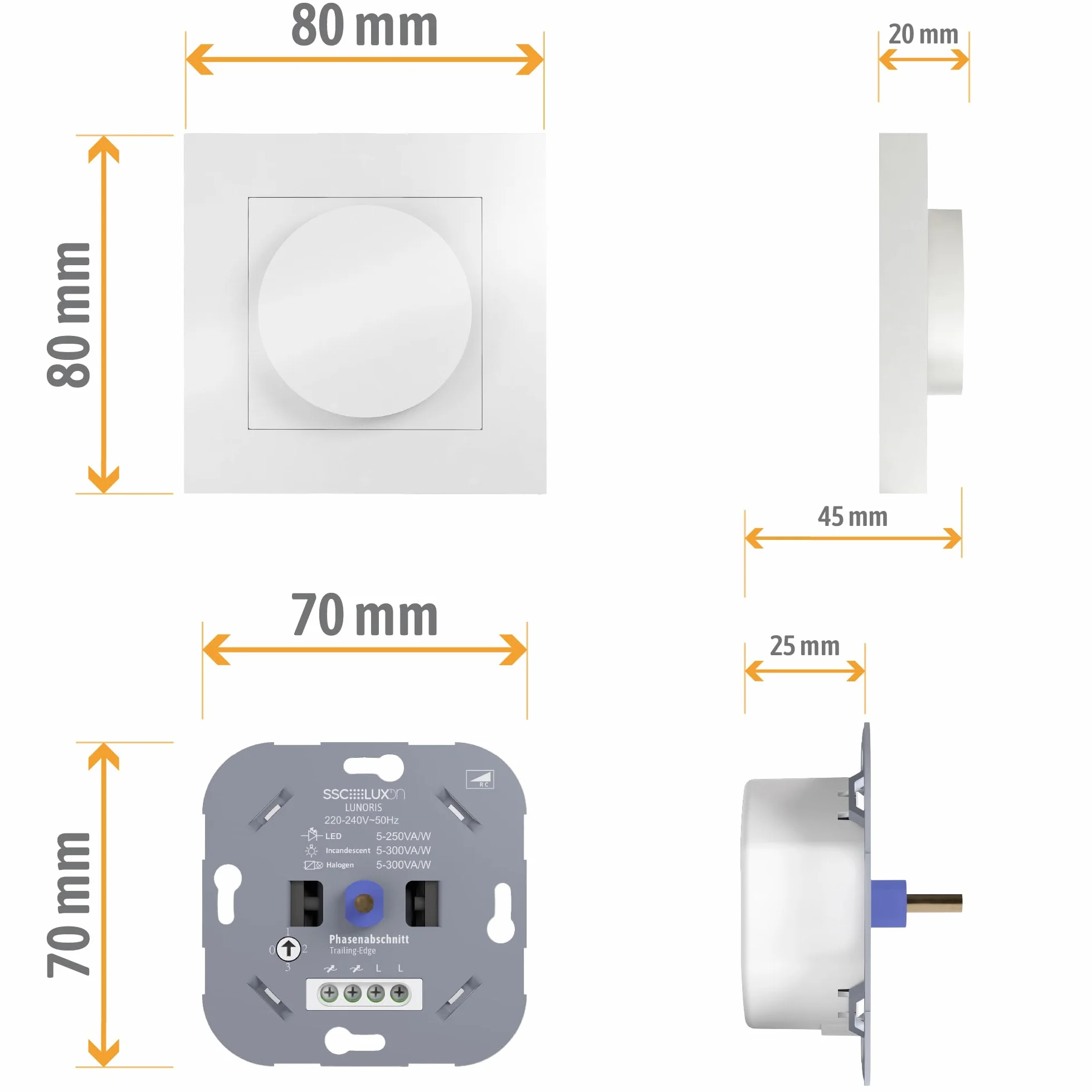 SSC-LUXon Lunoriis uniwersalny ściemniacz obrotowy, podtynkowy, 5-250 W, LED, halogenowy, sekcja fazy, ściemniacz 230 V, do puszki podtynkowej, 60 mm, osłona, biały