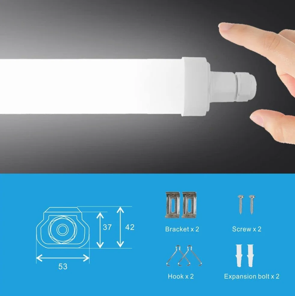 Listwa świetlna LED 1,2 m, 1 szt., wodoodporna, zintegrowana lampa rurowa, 30 W, 1,2 m, 3420 lm, IP65 6500 K, zimna biel, z wbudowanym złączem śrubowym