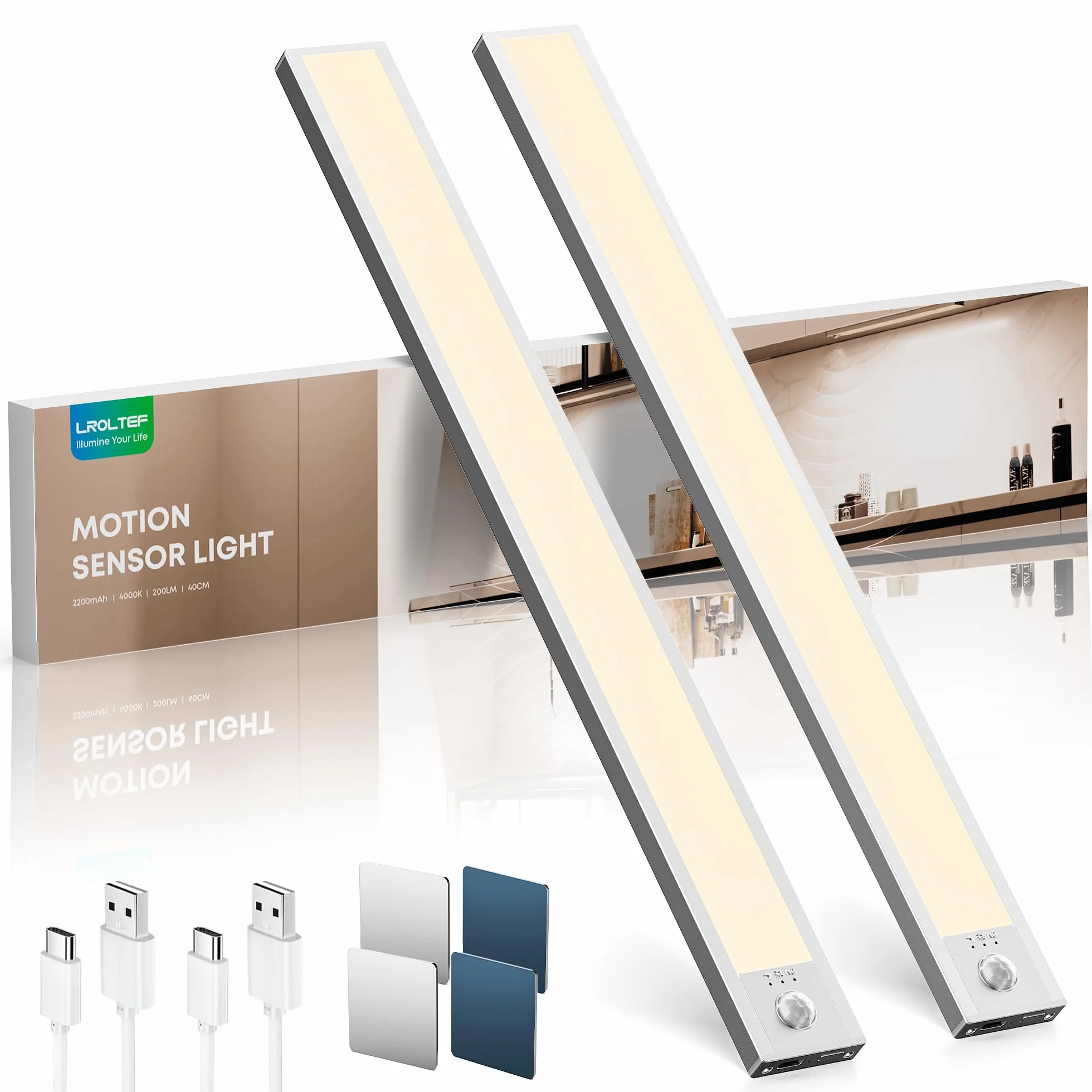 LROLTEF Oświetlenie szafkowe, LED ściemniane światło z czujnikiem ruchu, 40 cm, 2200 mAh, 4000 K, magnetyczne ładowalne światło z USB, nadaje się do szafy, kuchni, schodów, witryny samochodowej, 2