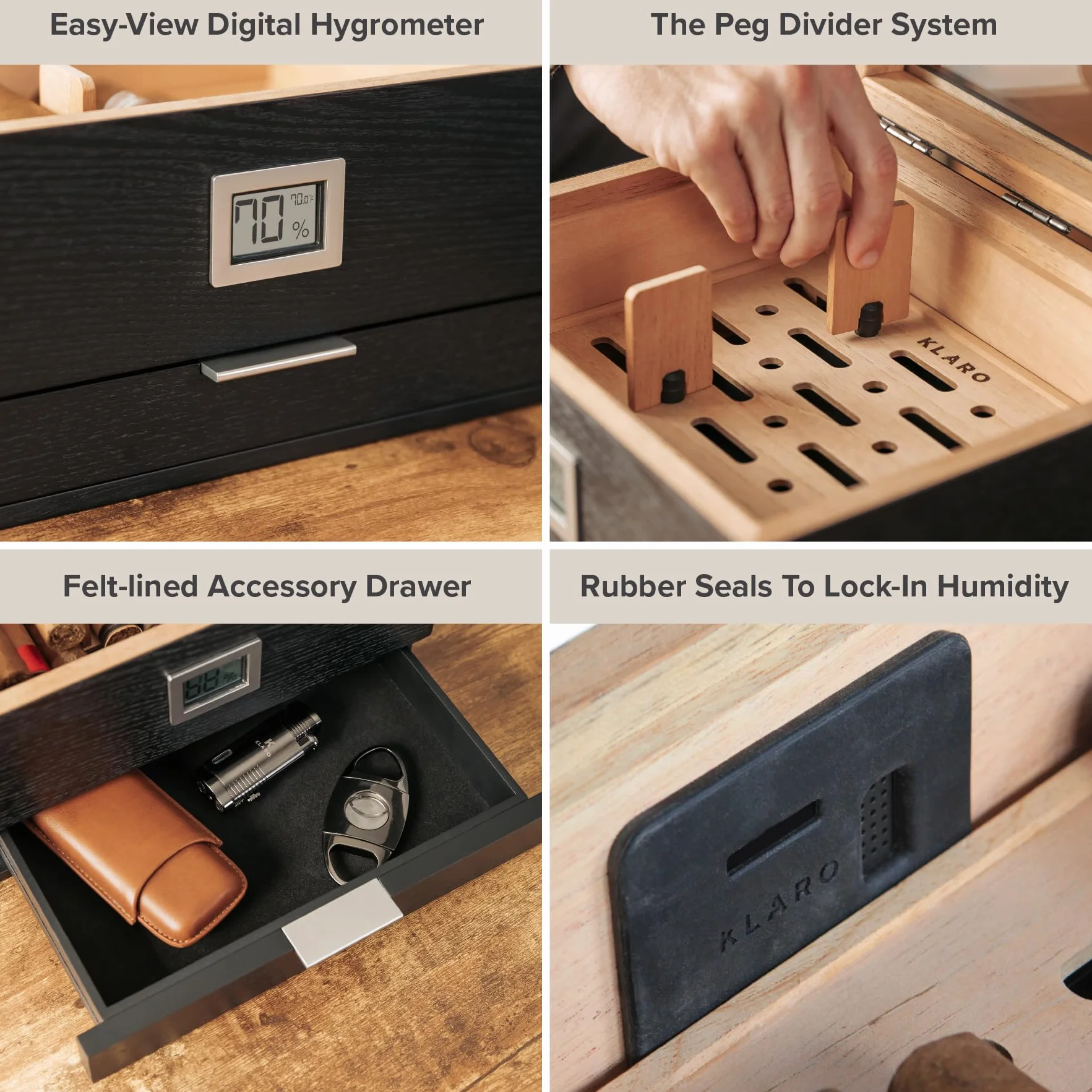 Klaro Mill Glass Top Humidor Matte Black Wood Grain 30-60 Cigars Spanish Cedar Digital Hygrometer