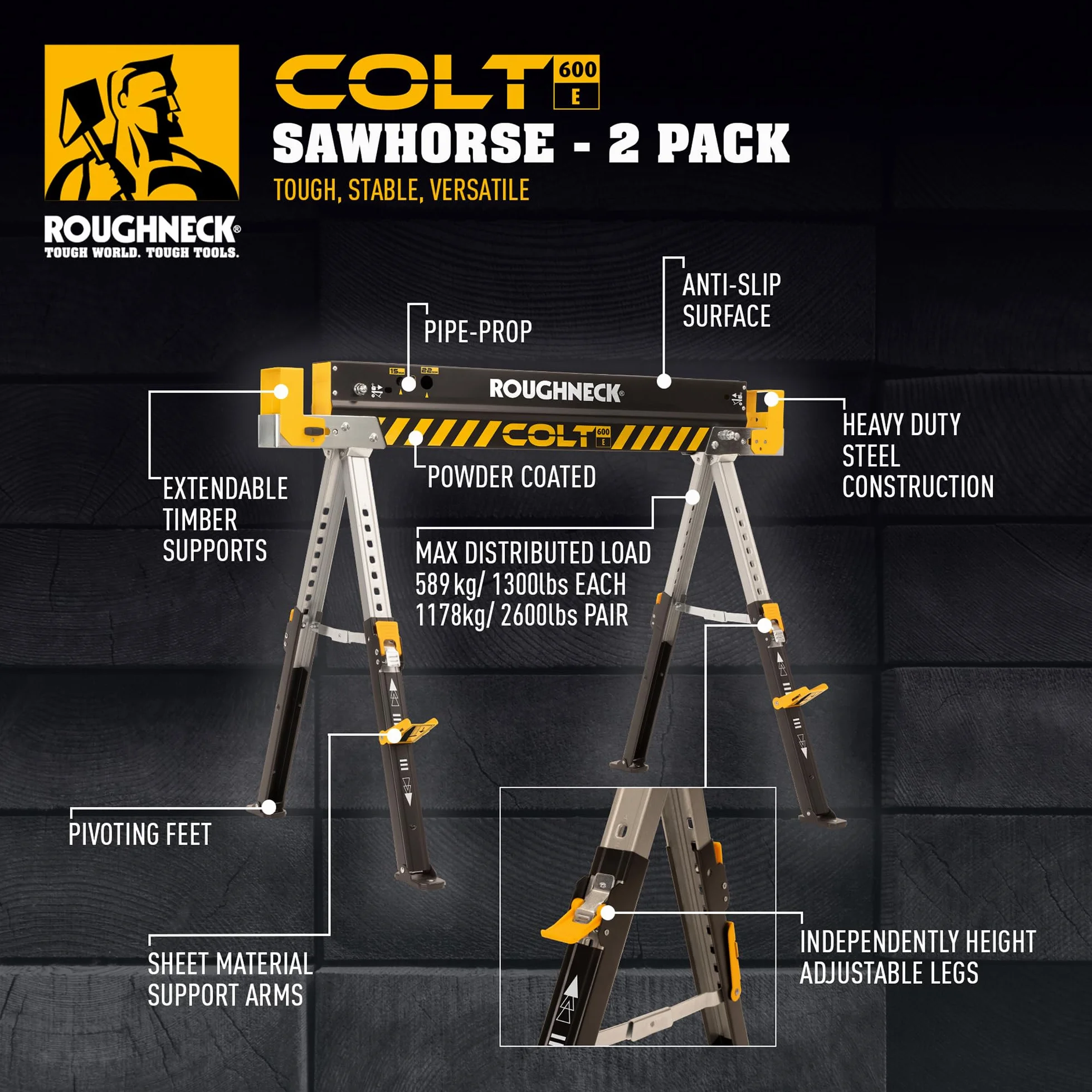 ROUGHNECK® COLT 600E Sawhorse, Heavy Duty Steel Construction, Weight-Baring Capacity 589kg each, 1178kg Per Pair with Height Adjustable Legs for Woodworking & Construction – 2 Pack