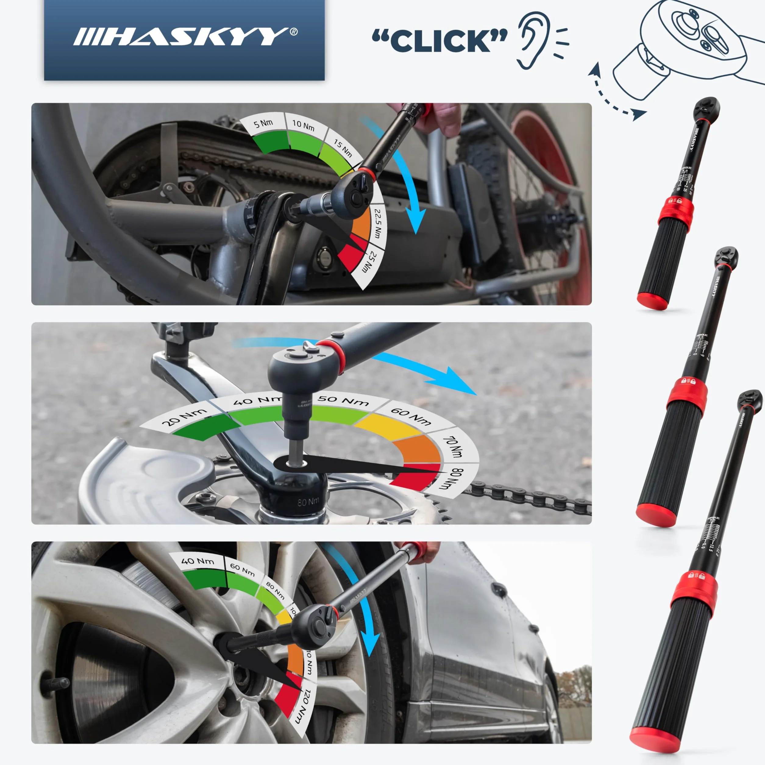 HASKYY Zestaw klucza dynamometryczny 1/4" 3/8" 1/2" 5-25 Nm 20-120 Nm 65-350 Nm, 3-częściowy rower motocyklowy, silnik, samochód przemysłowy, do samochodu, momentu obrotowego, grzechotki