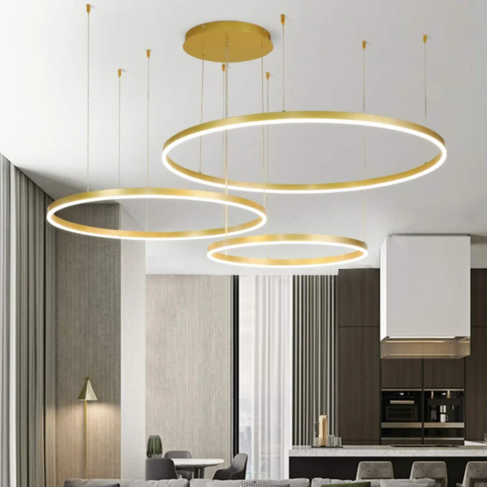 Lampa wisząca LED, do jadalni, do salonu, przyciemniana, z pilotem zdalnego sterowania, nowoczesny żyrandol, okrągły, z aluminium, akrylu, lampa sufitowa, 108 W, złota, 3 okręgi, 60 + 80 + 100 cm
