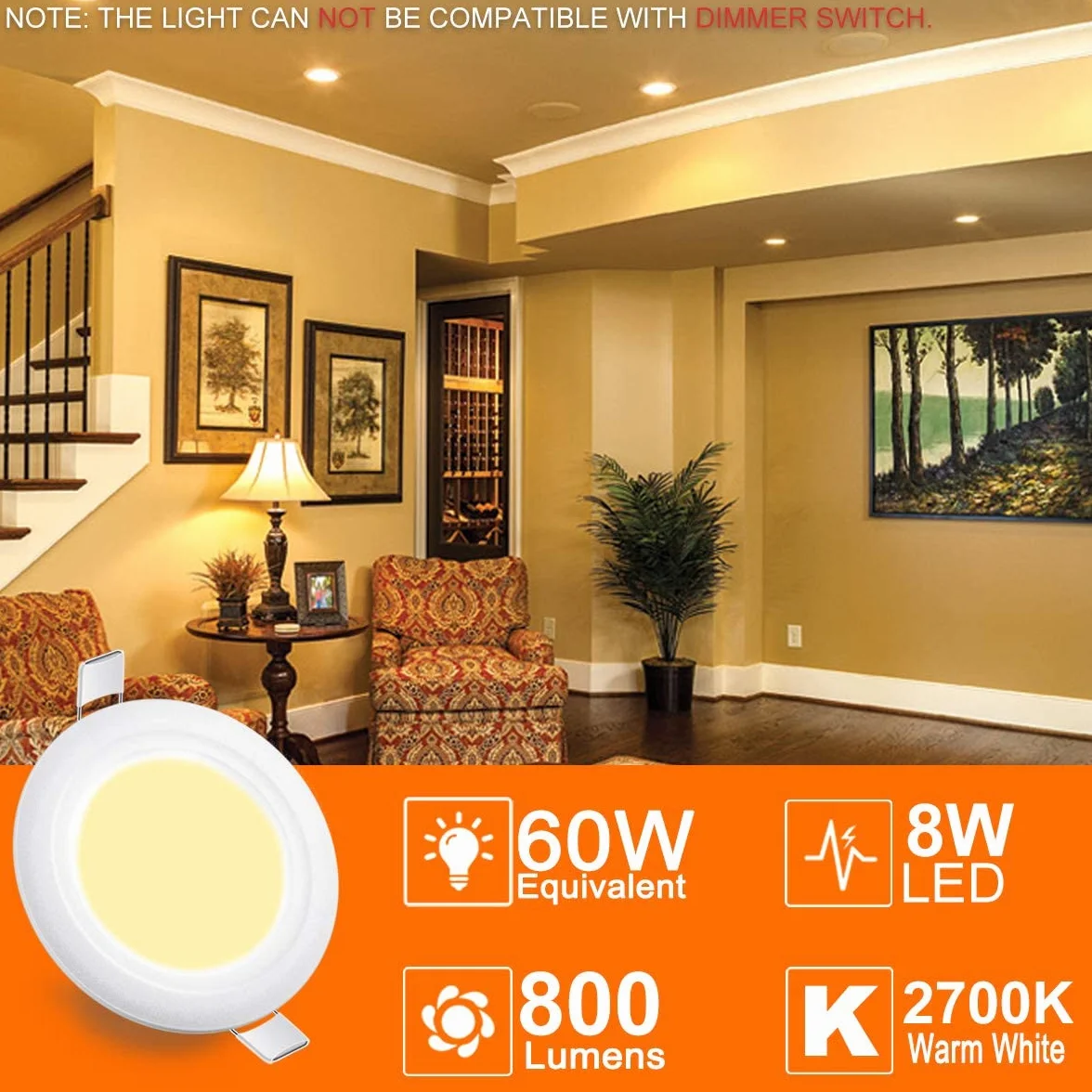 Zestaw 5 lamp sufitowych LED, otwór 70-85 mm, okrągłe reflektory punktowe, 7,6 cm, 8 W, 60 W, 800 lumenów, IP44 2700 K, ciepła biel