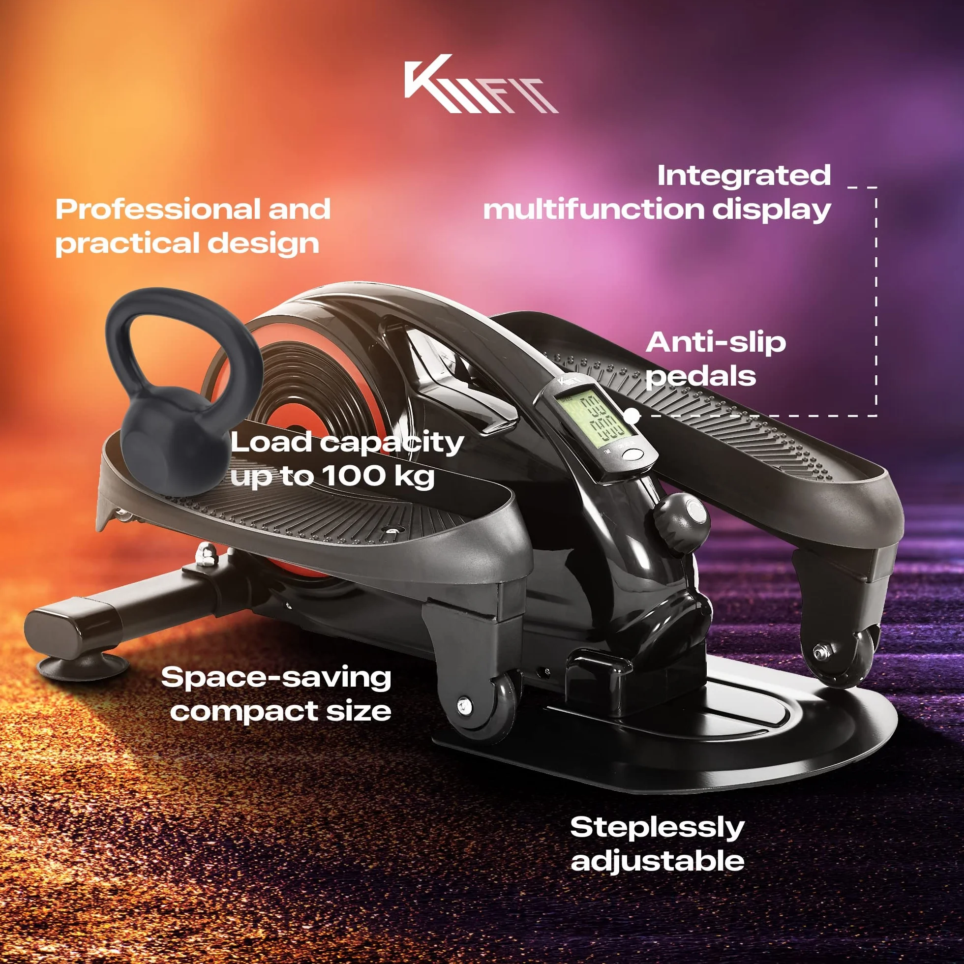 KM FitTrenażer nóg z wyświetlaczem LCD i aplikacją | Rower treningowy | Mini trenażer eliptyczny | Crosstrainer do domu i biura | Płynna regulacja oporu magnetycznego | Do 100 kg | System SilentBelt