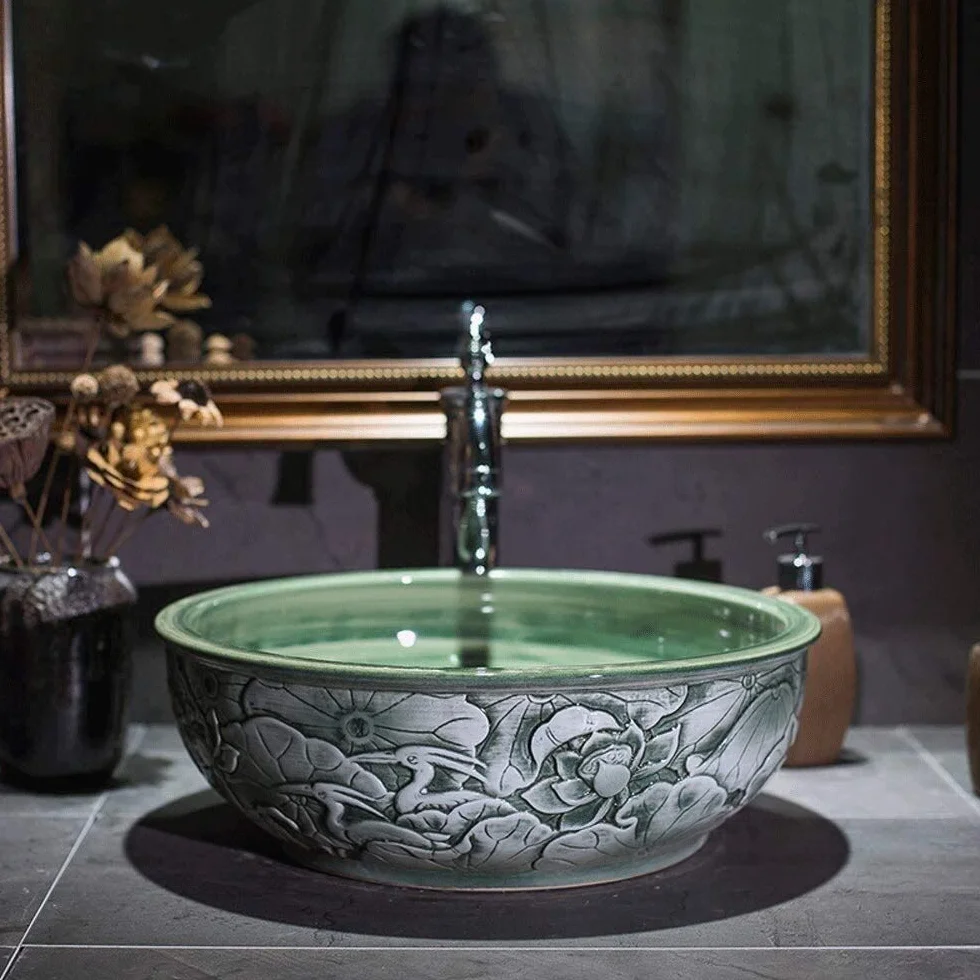 Szafka Pod Umywalkę Z Umywalką, Umywalka Łazienkowa Nablatowa, Zielona Umywalka Porcelanowa Nablatowa Ceramiczna Umywalka Łazienkowa Nablatowa