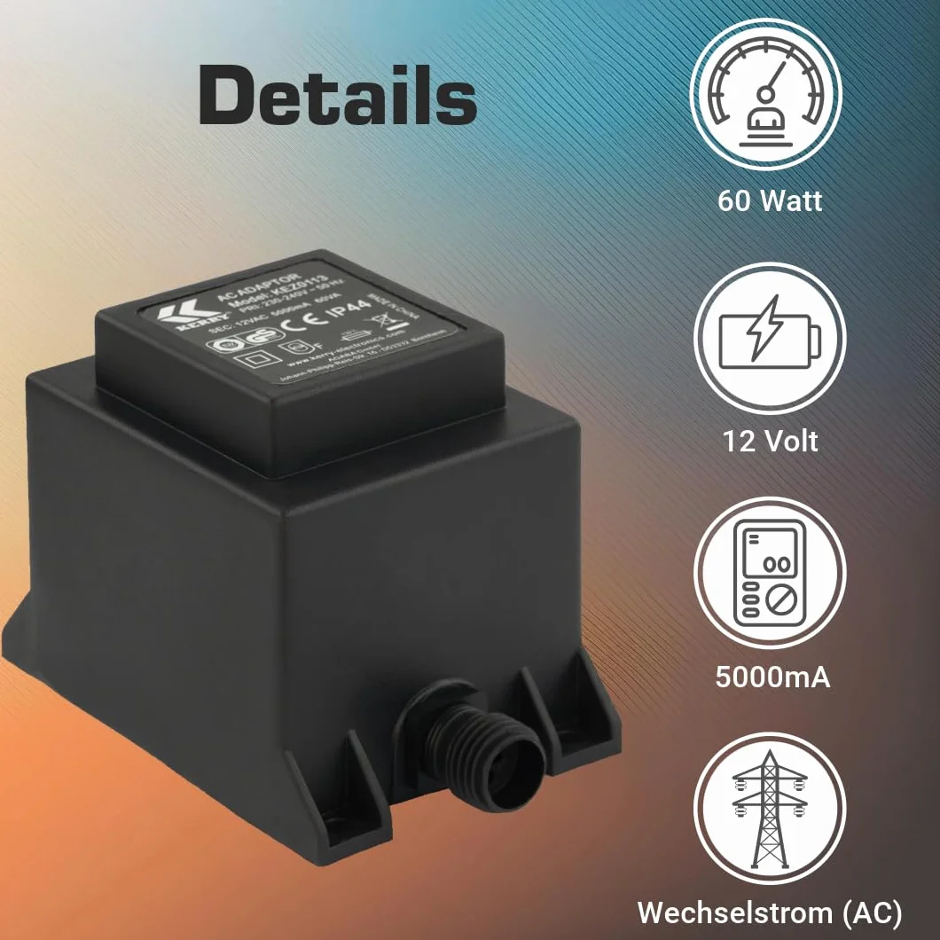 KERRY ELECTRONICS Transformator 12V 60VA/W, AC/AC AC, do użytku zewnętrznego IP44, między innymi do oświetlenia LED i..