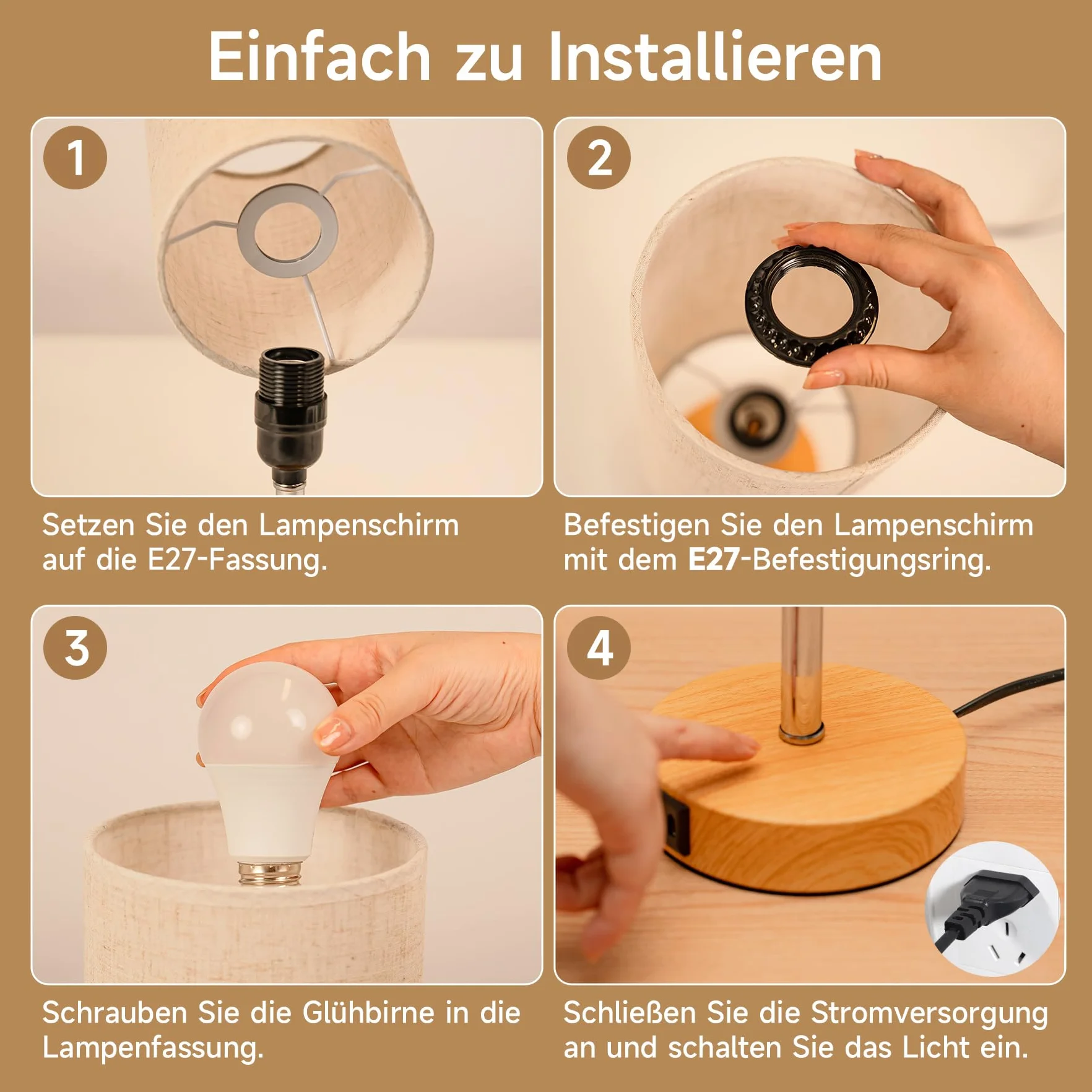 Lampka nocna dotykowa ściemniana zestaw 2 sztuk z portami USB A/C abażur lniany 3 poziomy jasności 9W