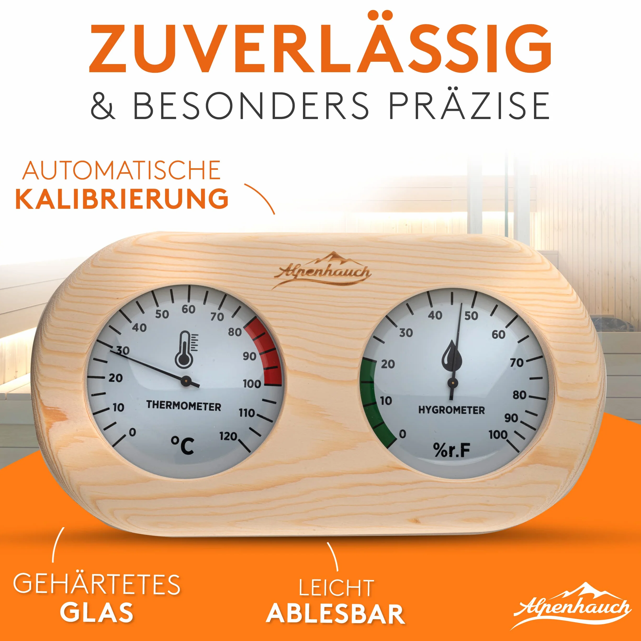 ALPENHAUCH Termometr Hygrometer do Sauny Drewno 2w1 z Hartowanym Szkłem Automatyczna Kalibracja