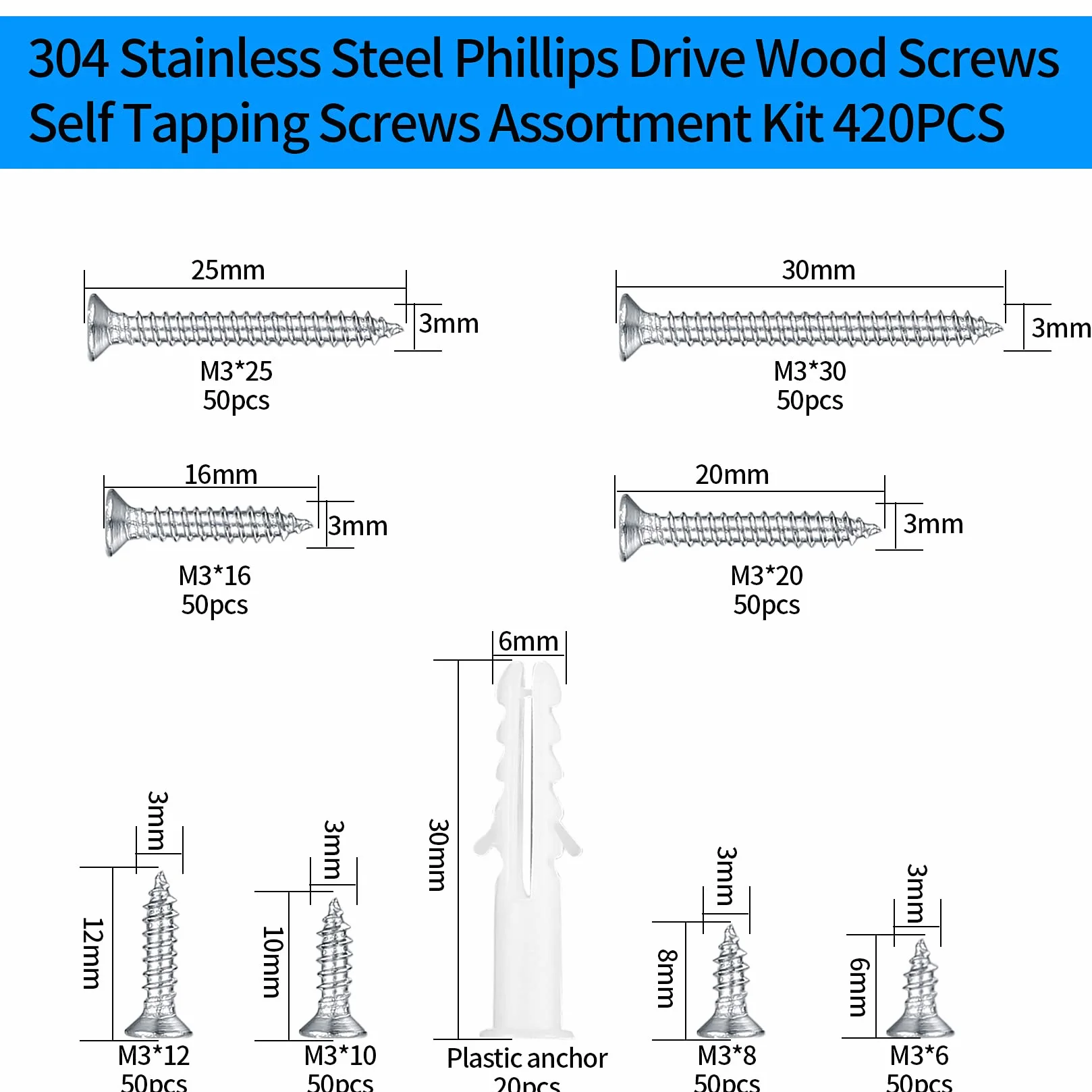 Zestaw 420 wkrętów samogwintujących M3, ze stali nierdzewnej 304, z łbem płaskim, 20 szt. śrub M6 – 6 mm/8 mm/10 mm/12 mm/16 mm/20 mm/25 mm/30 mm