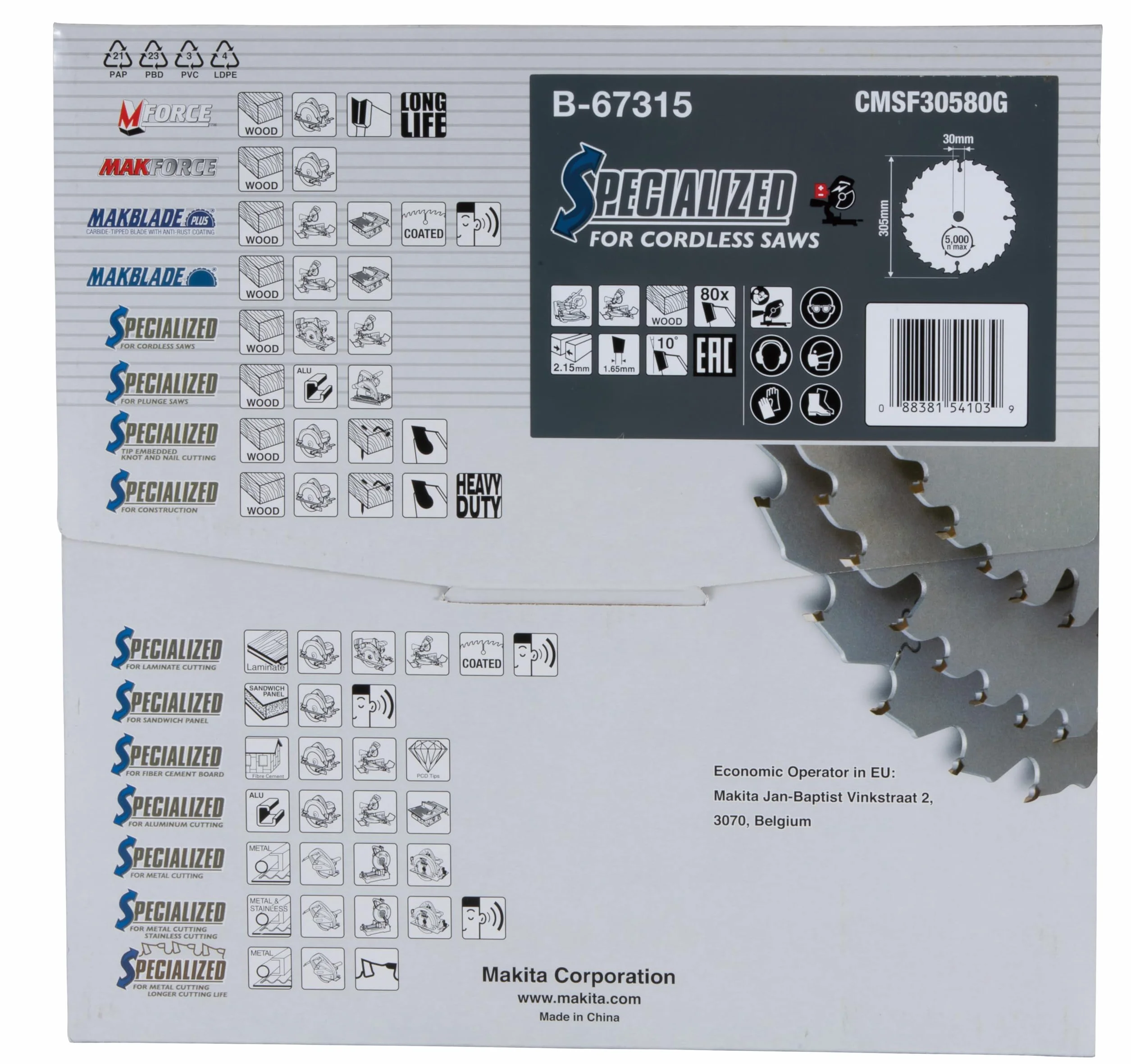 Makita Brzeszczot do drewna Efficut do akumulatorowych pił ukośnych (305 x 2,15 x 30 mm, 80 zębów) B-67315