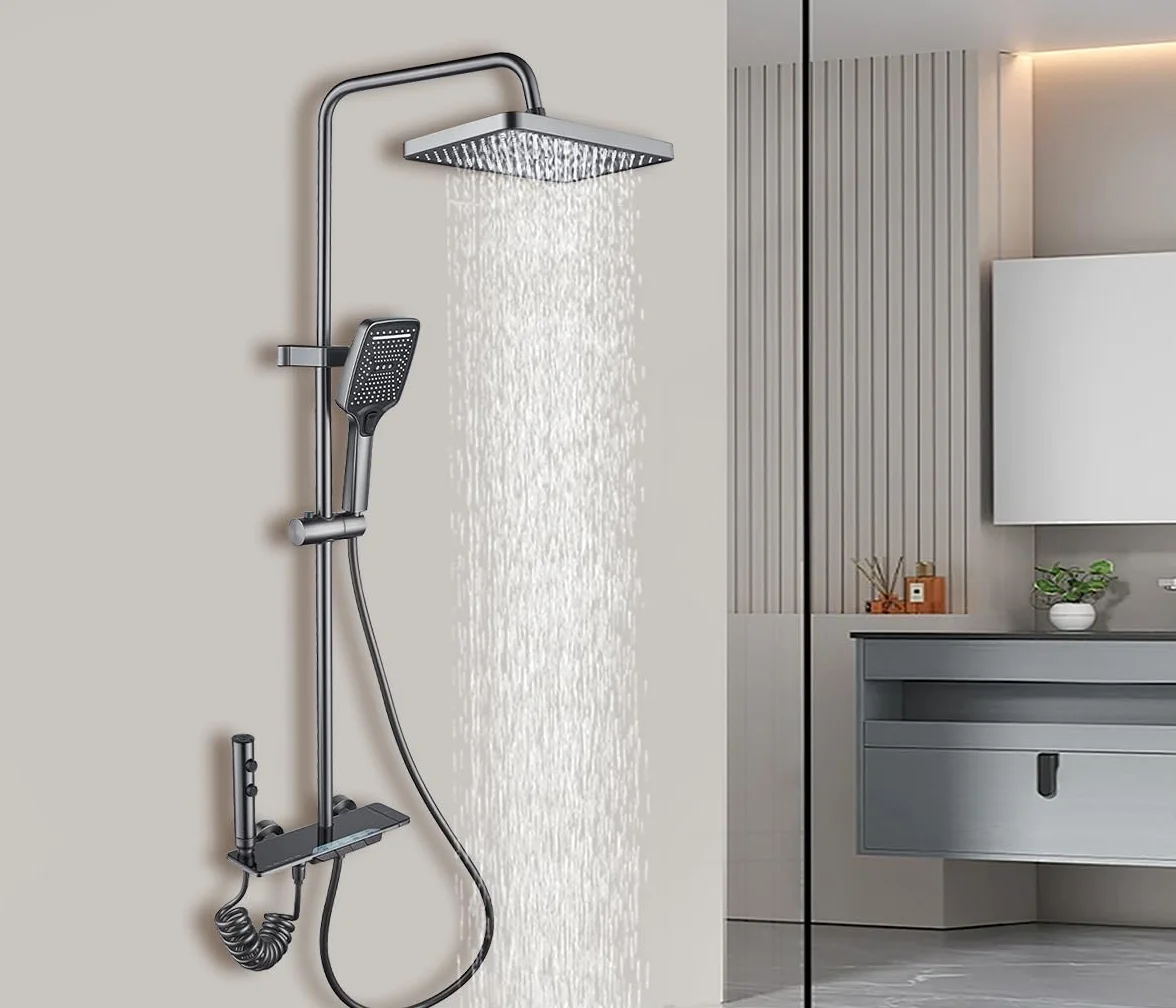 system prysznicowy z termostatem,System prysznicowy z deszczownicą 30x20 cm, prysznicem ręcznym, ukrytą wylewką wanny, regulowaną wysokością i pistoletem natryskowym do łazienki.